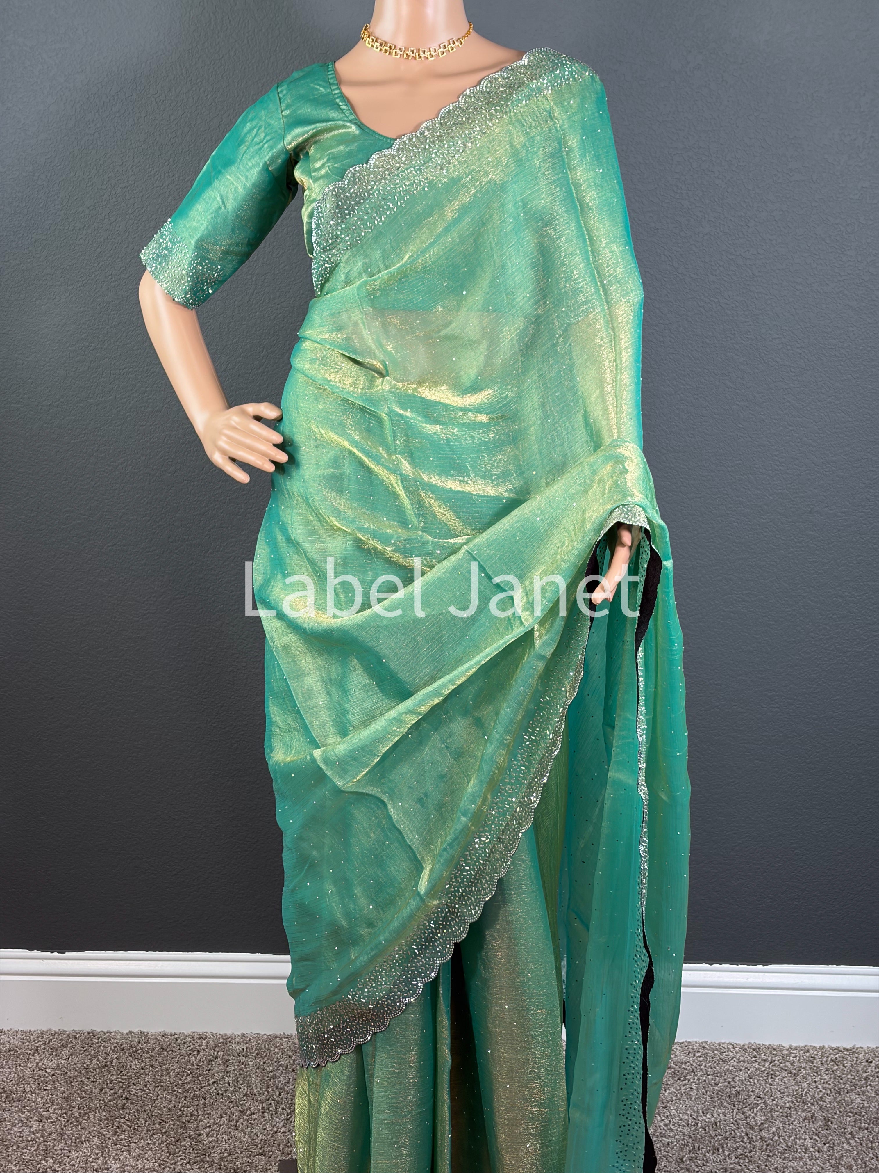 Green  Space Silk Saree with Jarkan Diamond & Stitched Blouse