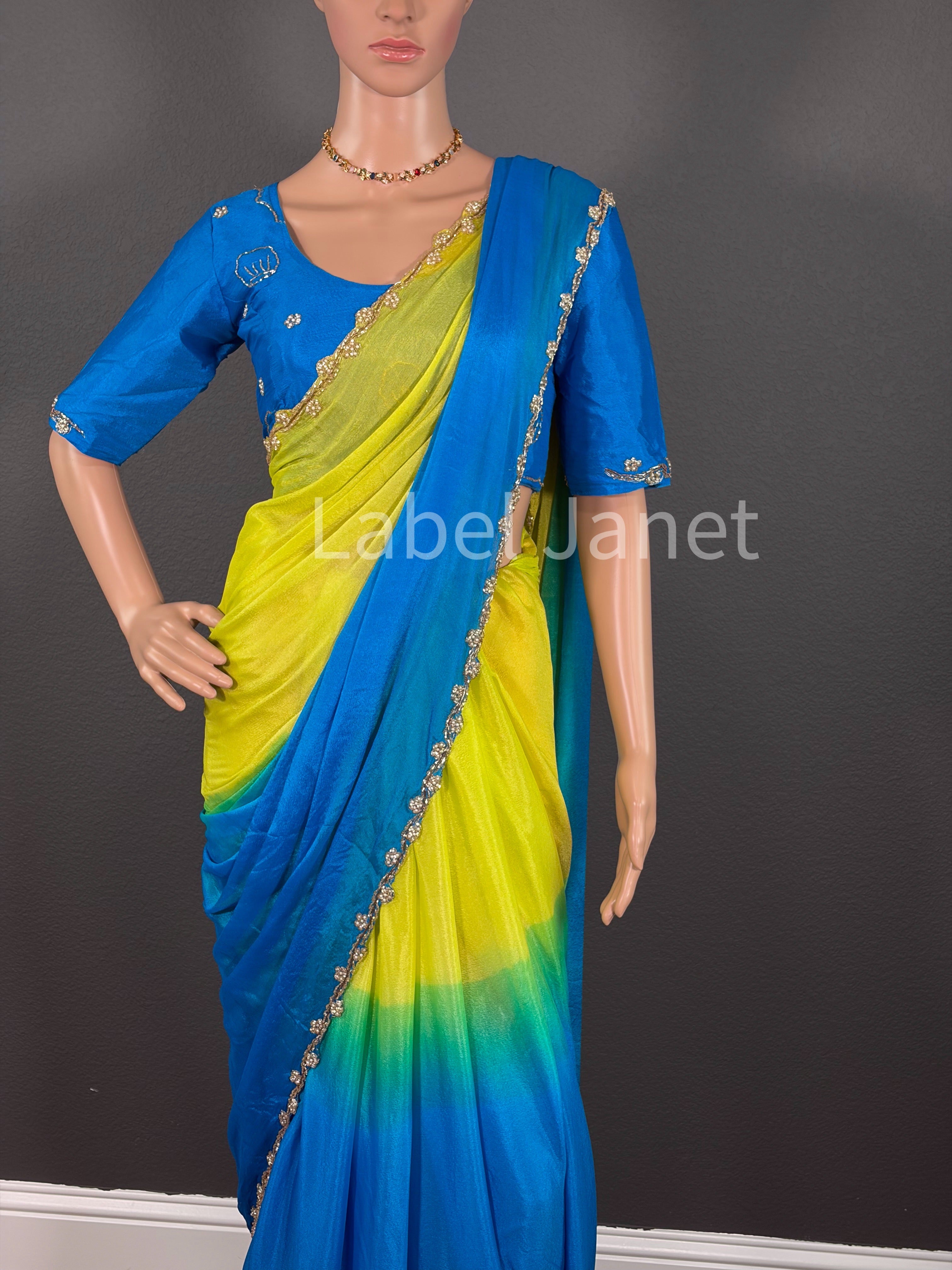 Dual Shaded Chinon Silk  Moti Handwork Saree with Stitched Blouse | Alterable (36" -42")