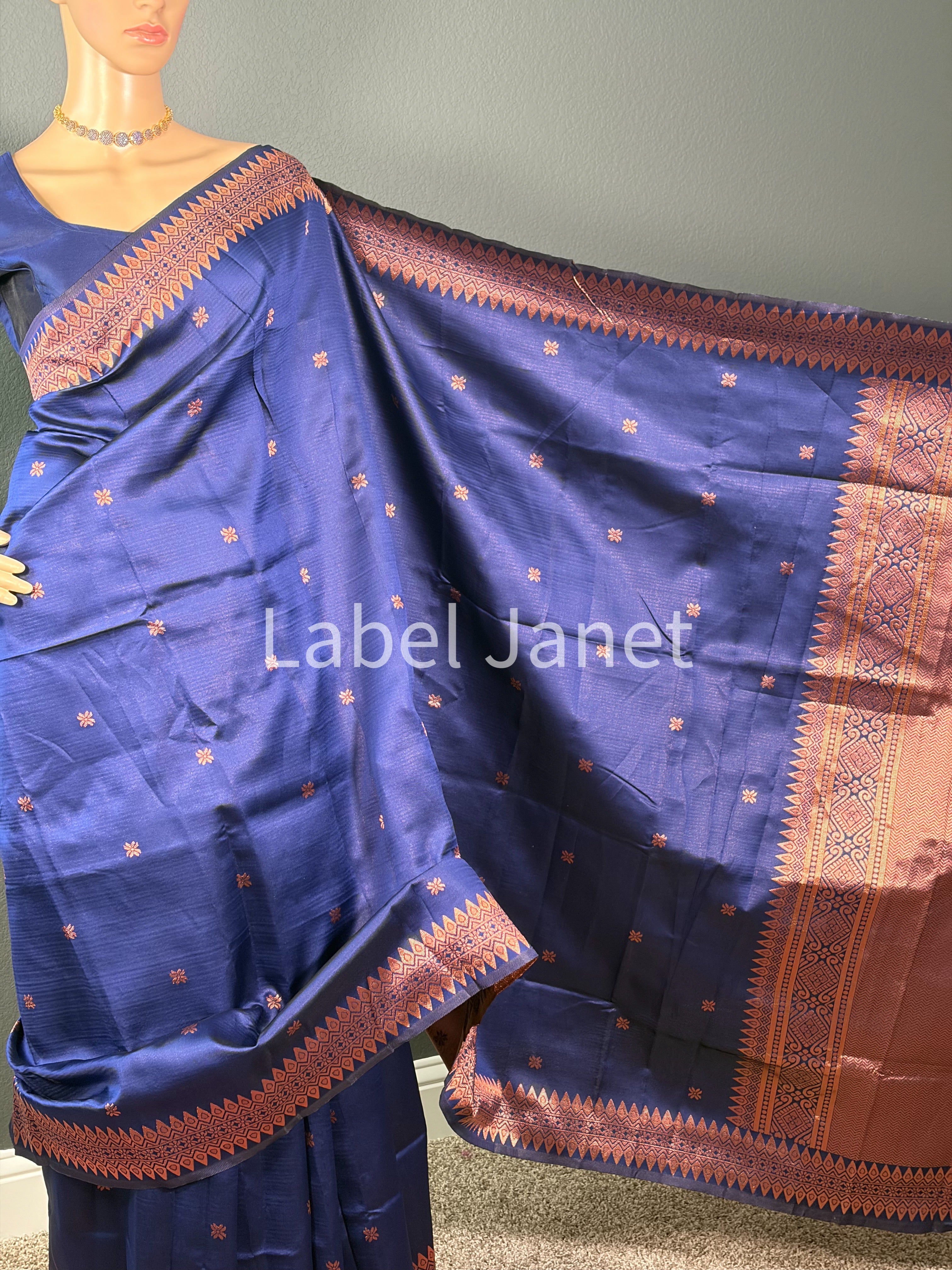 Blue Banarasi Soft Silk Saree with Stitched Blouse (36" - 42")