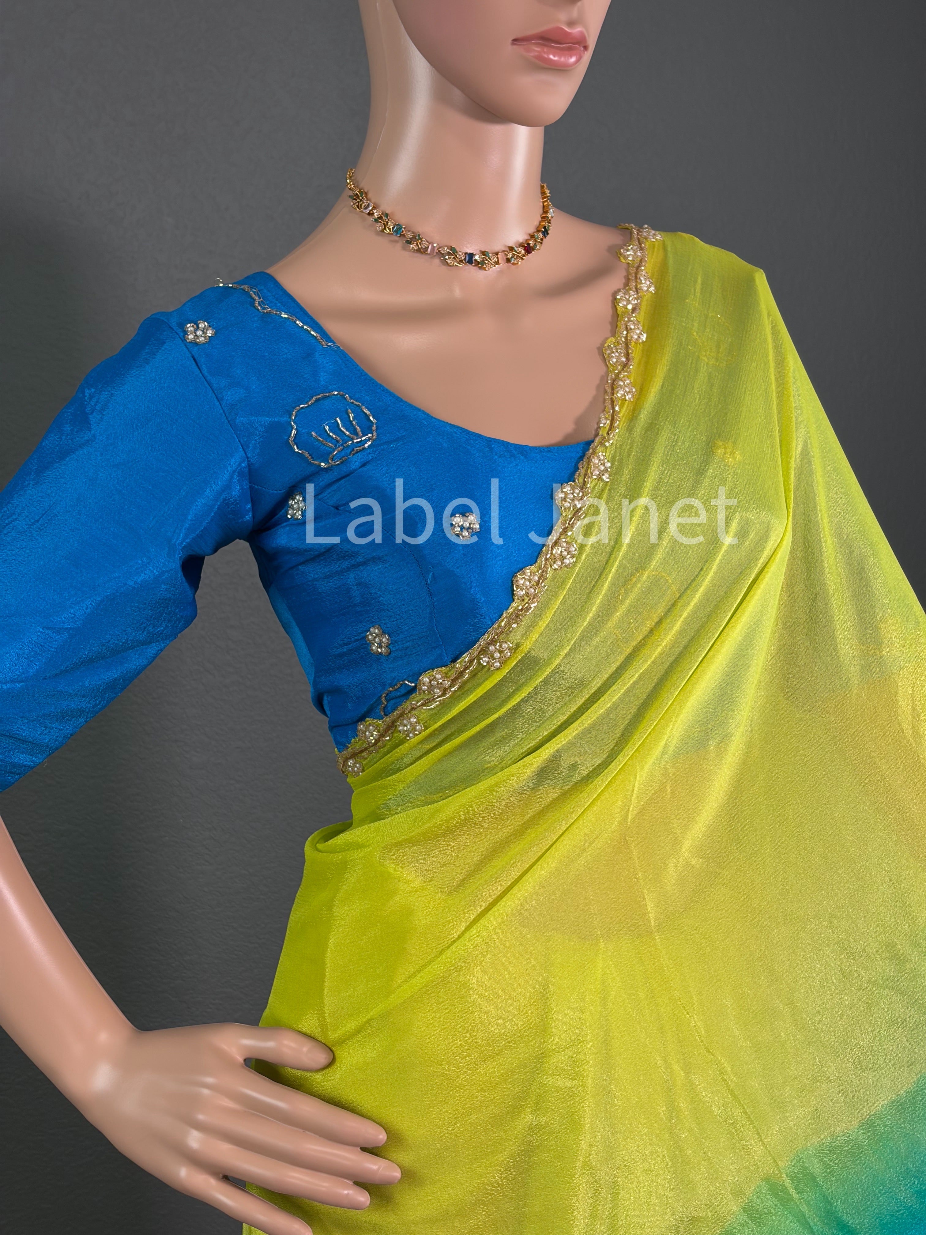 Dual Shaded Chinon Silk  Moti Handwork Saree with Stitched Blouse | Alterable (36" -42")