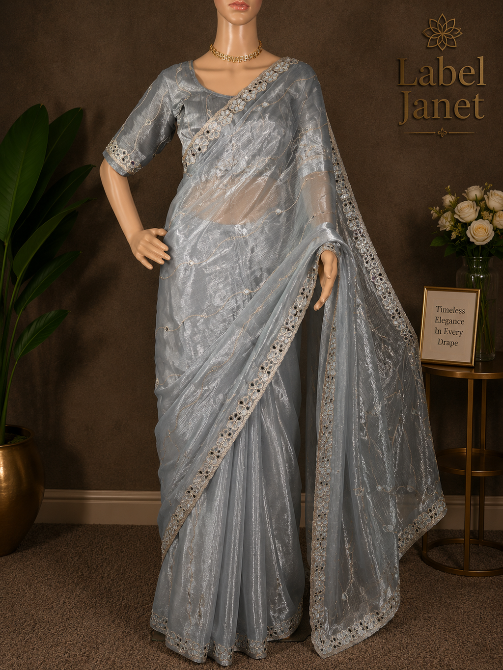 Starlight Silver - Grey Mirror work saree