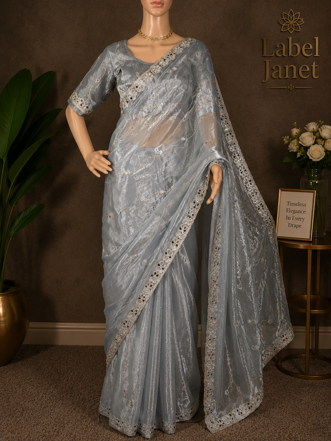 Starlight Silver - Grey Mirror work saree