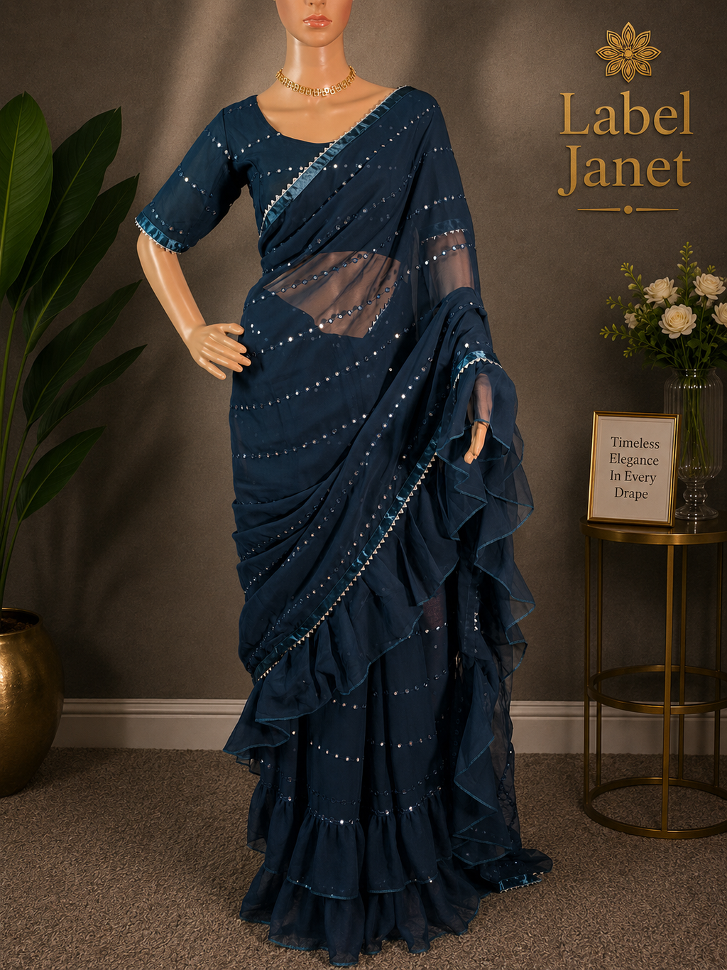 Blue Bombshell - Ruffle Georgette Saree