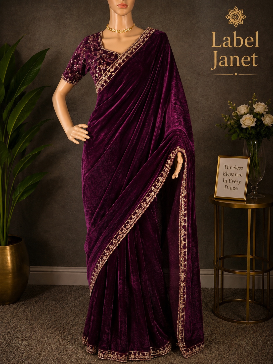 Queen Royale Velvet Drape - Velvet saree with blouse