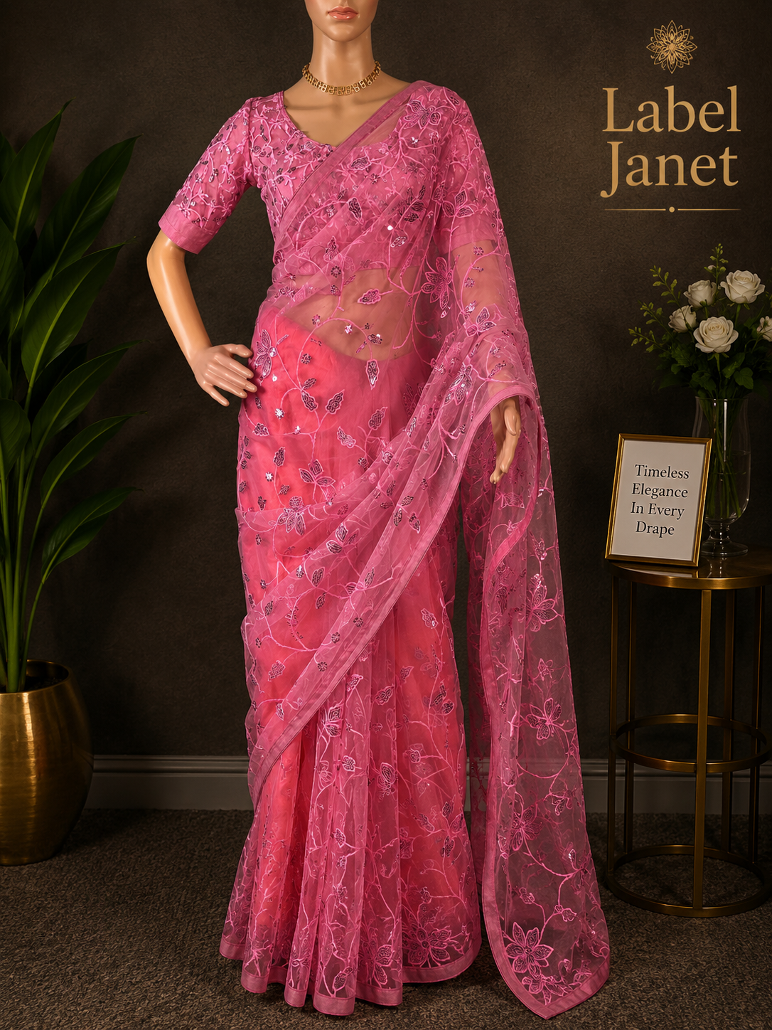 Pink Wink - Party wear netted saree with blouse