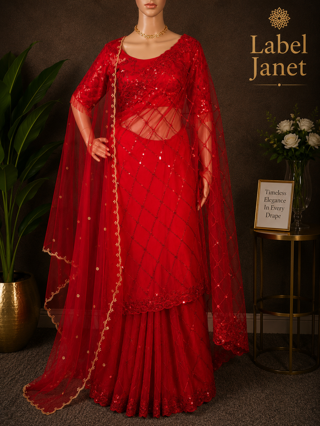 Blood Red Glam Red Saree - Party wear netted saree with blouse