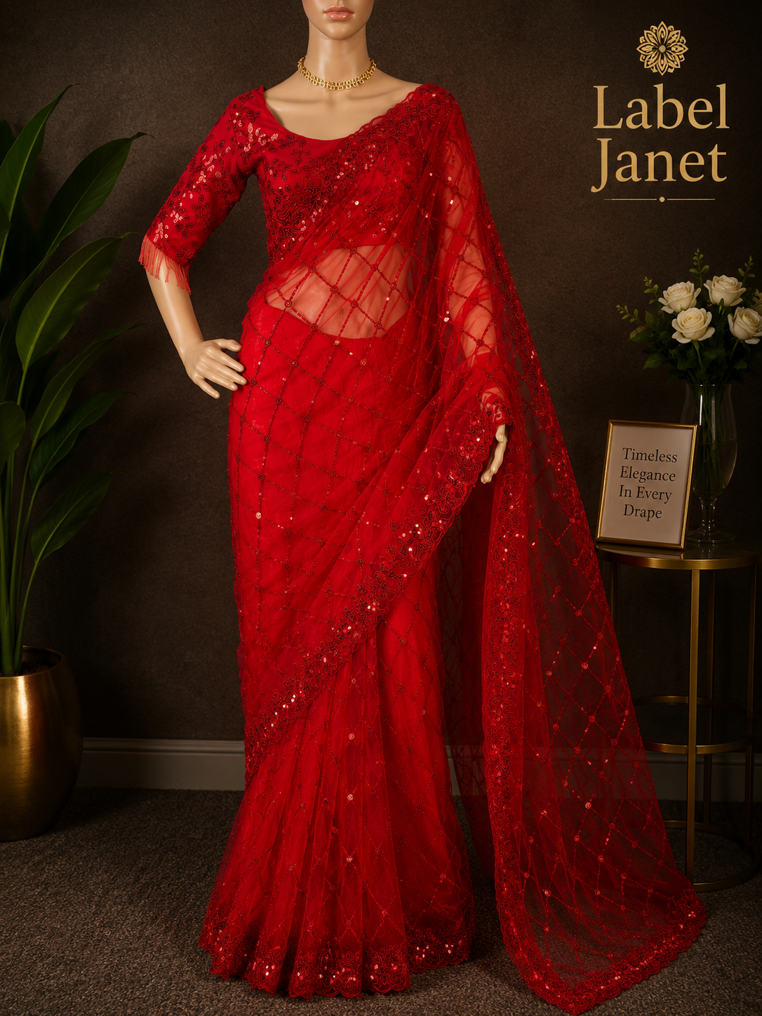 Blood Red Glam Red Saree - Party wear netted saree with blouse