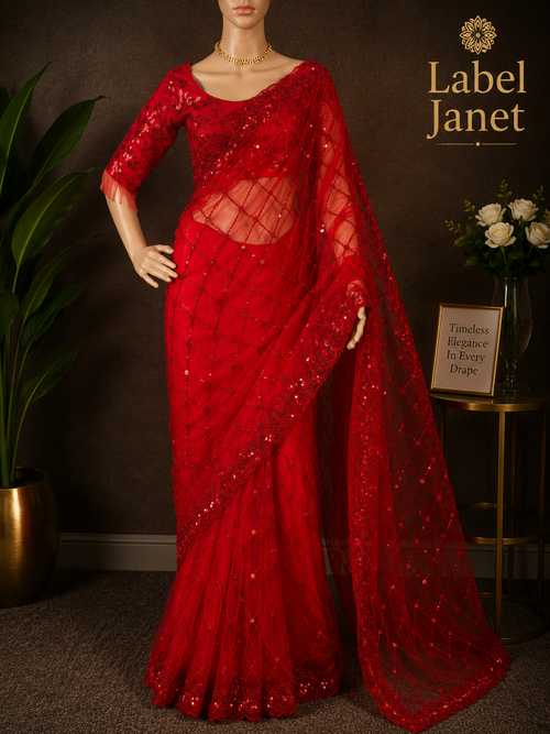 Blood Red Glam Red Saree - Party wear netted saree with blouse