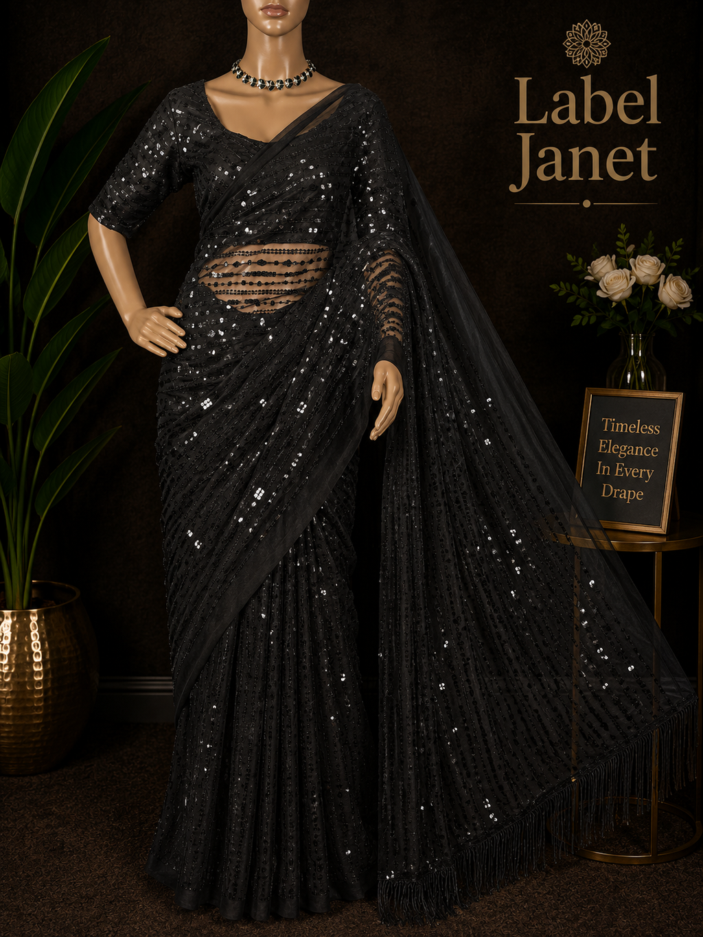 Starry Night Party Net - Black party wear net saree