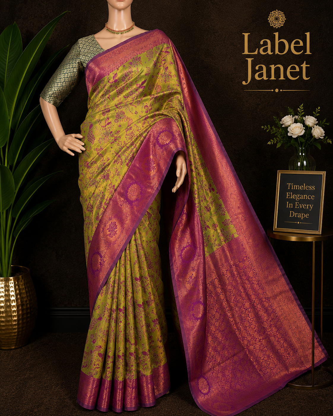 Pista Strawberry Swag - Green banarasi silk saree