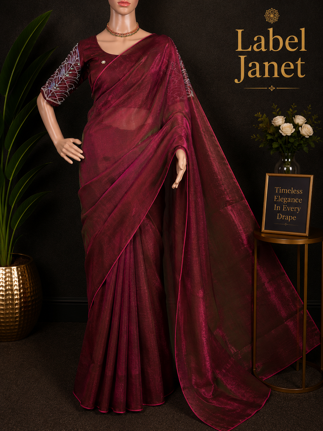 Pearl Queen in Maroon - Plain space silk saree with blouse