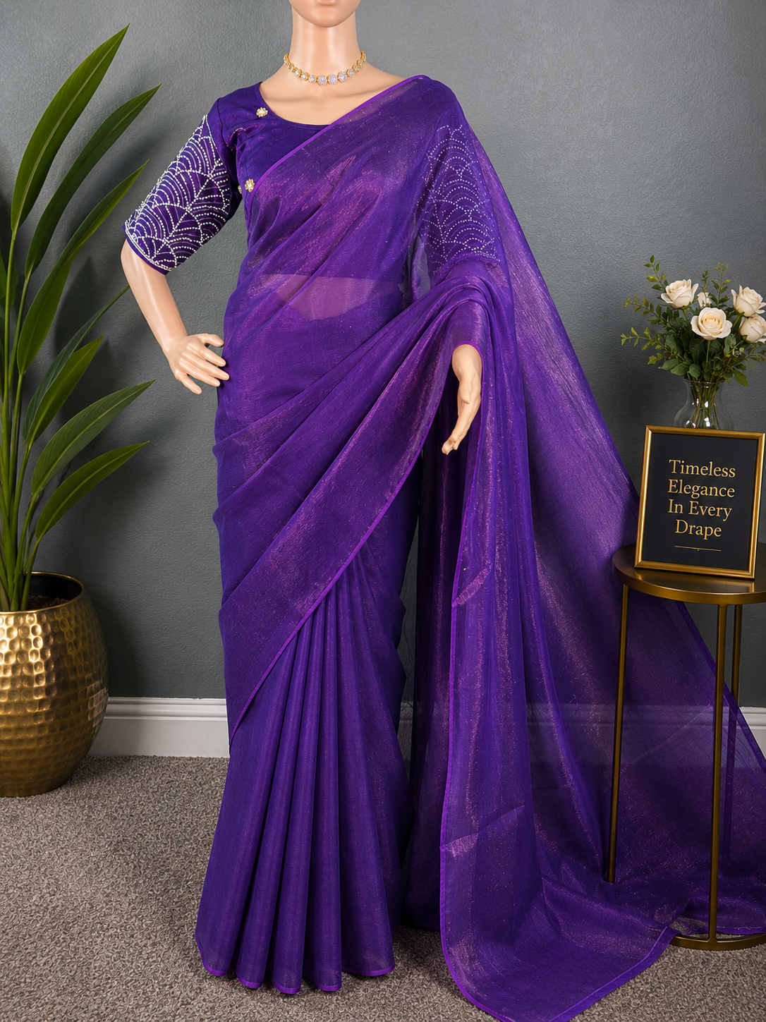 Cosmic Violet Glam - Plain space silk saree