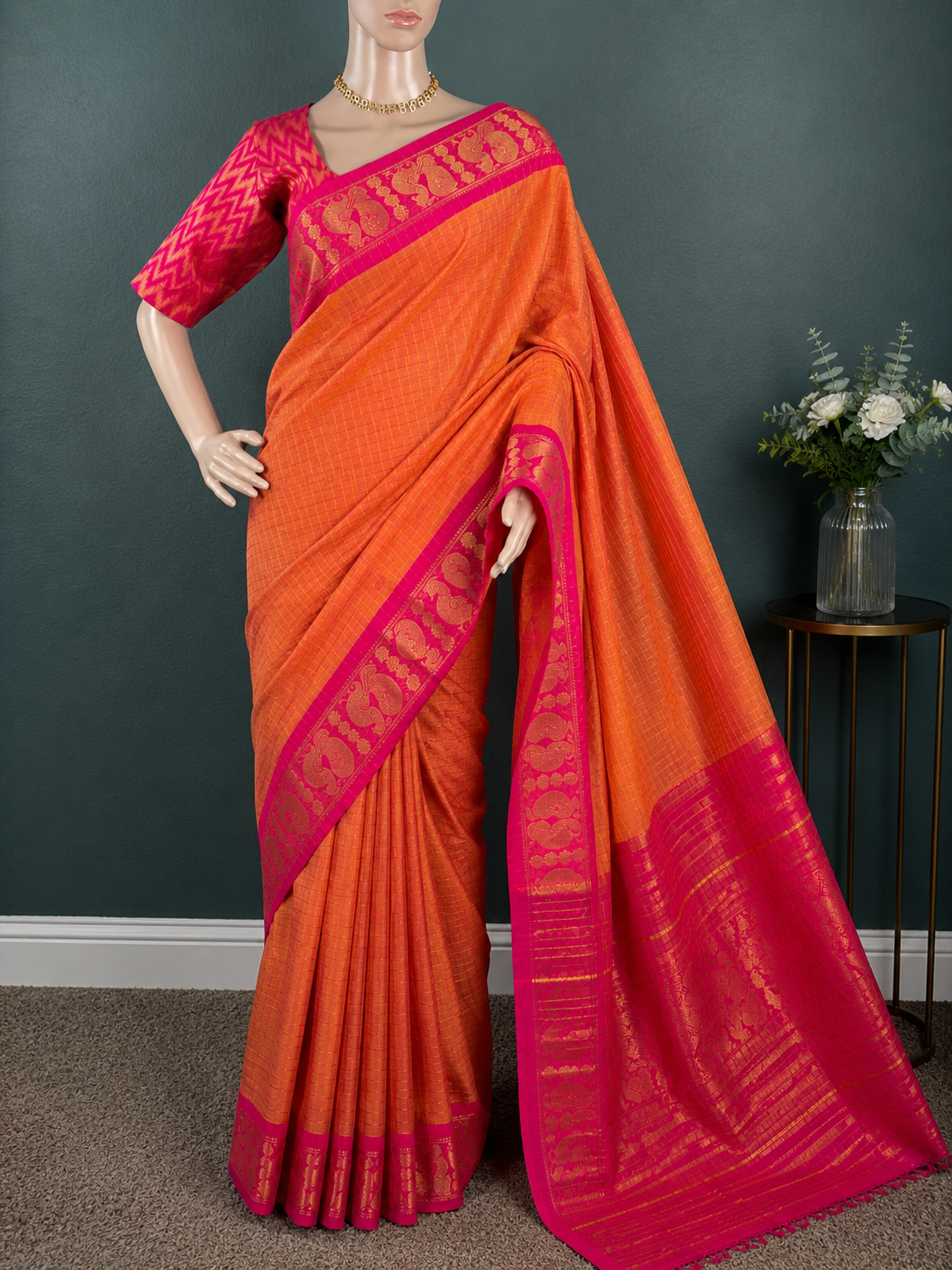 Mango Mirage - Orange chettinadu cotton saree with blouse