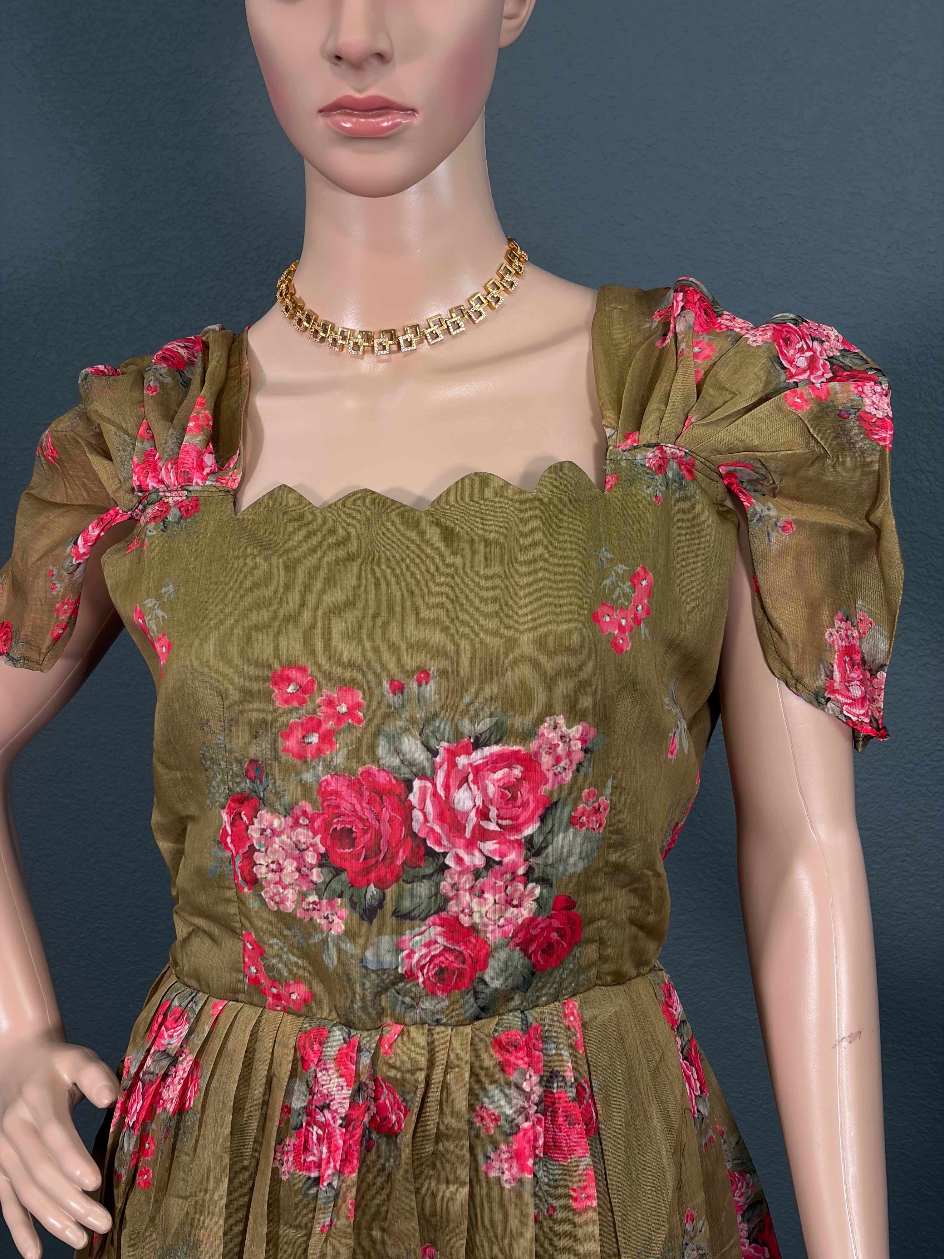 Olive Blossom Bliss - Puff Sleeve Maxi (XL up to XXL)
