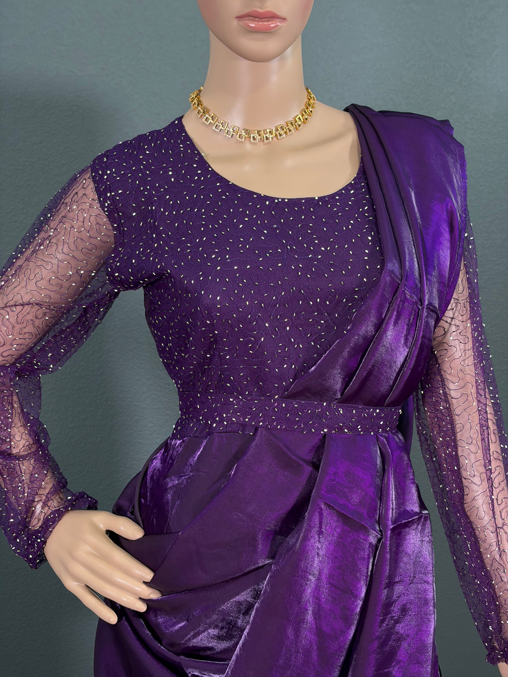 Royal Amethyst shimmer- Long gown with Dhuppatta & Belt (M up to L)(L up to XL)