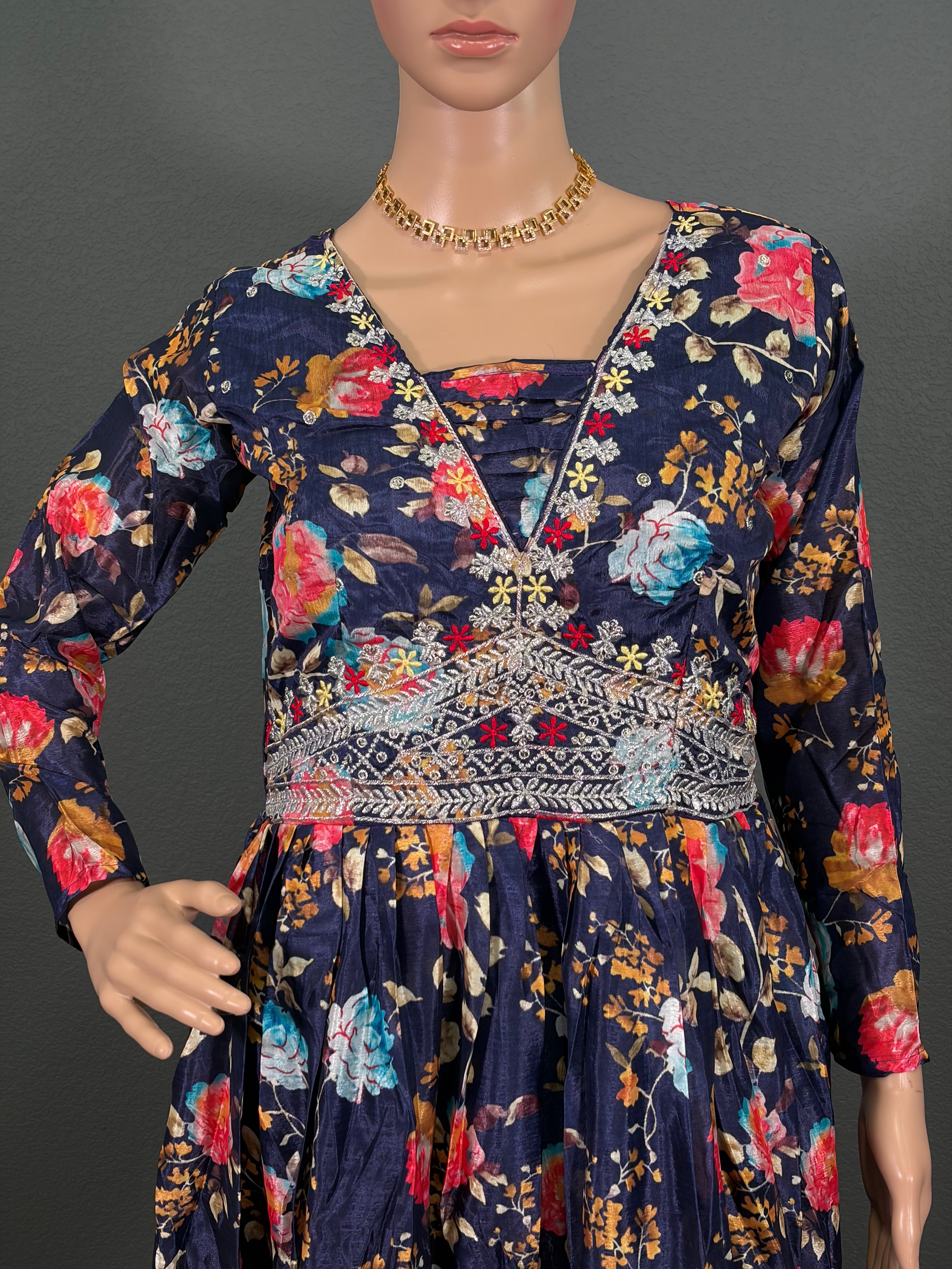 Navy Nandhavanam  - Blue Floral Anarklai Gown for women (M up to L)