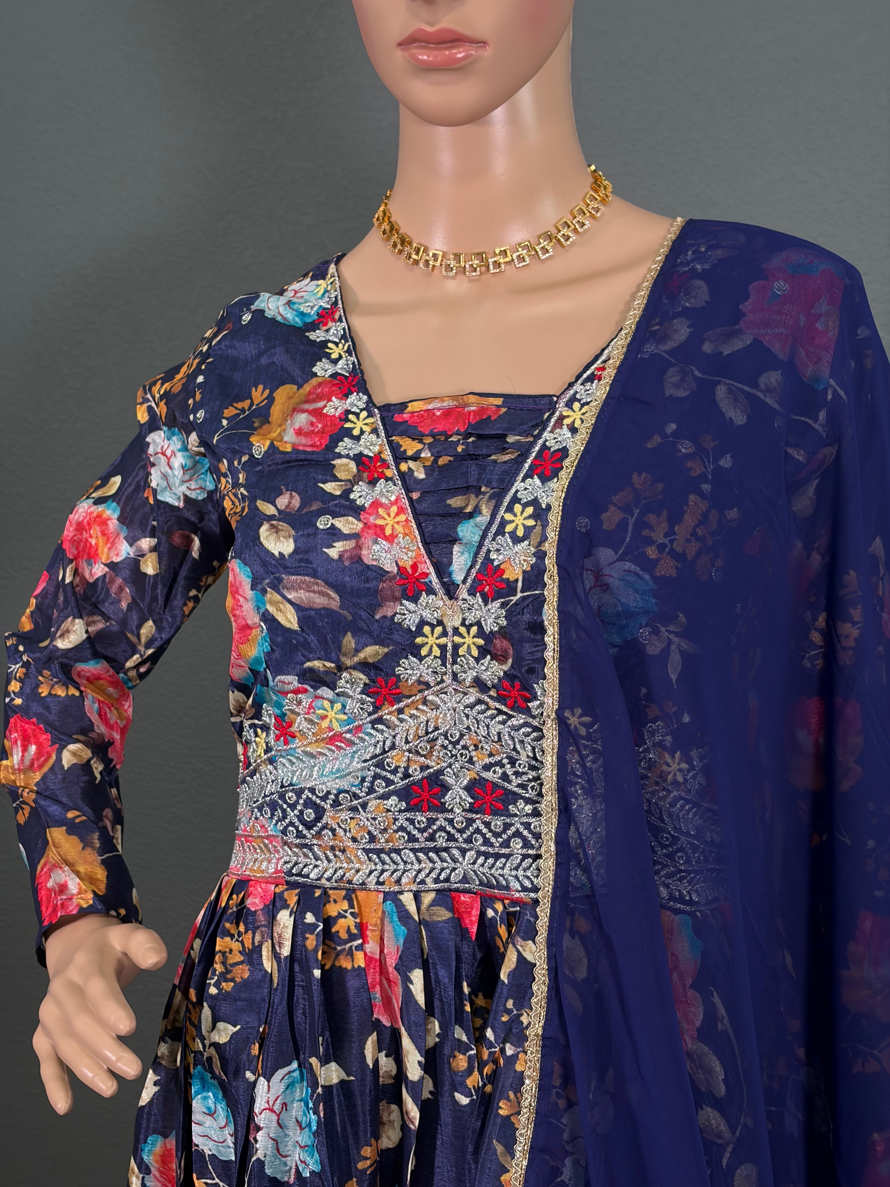 Navy Nandhavanam  - Blue Floral Anarklai Gown for women (M up to L)