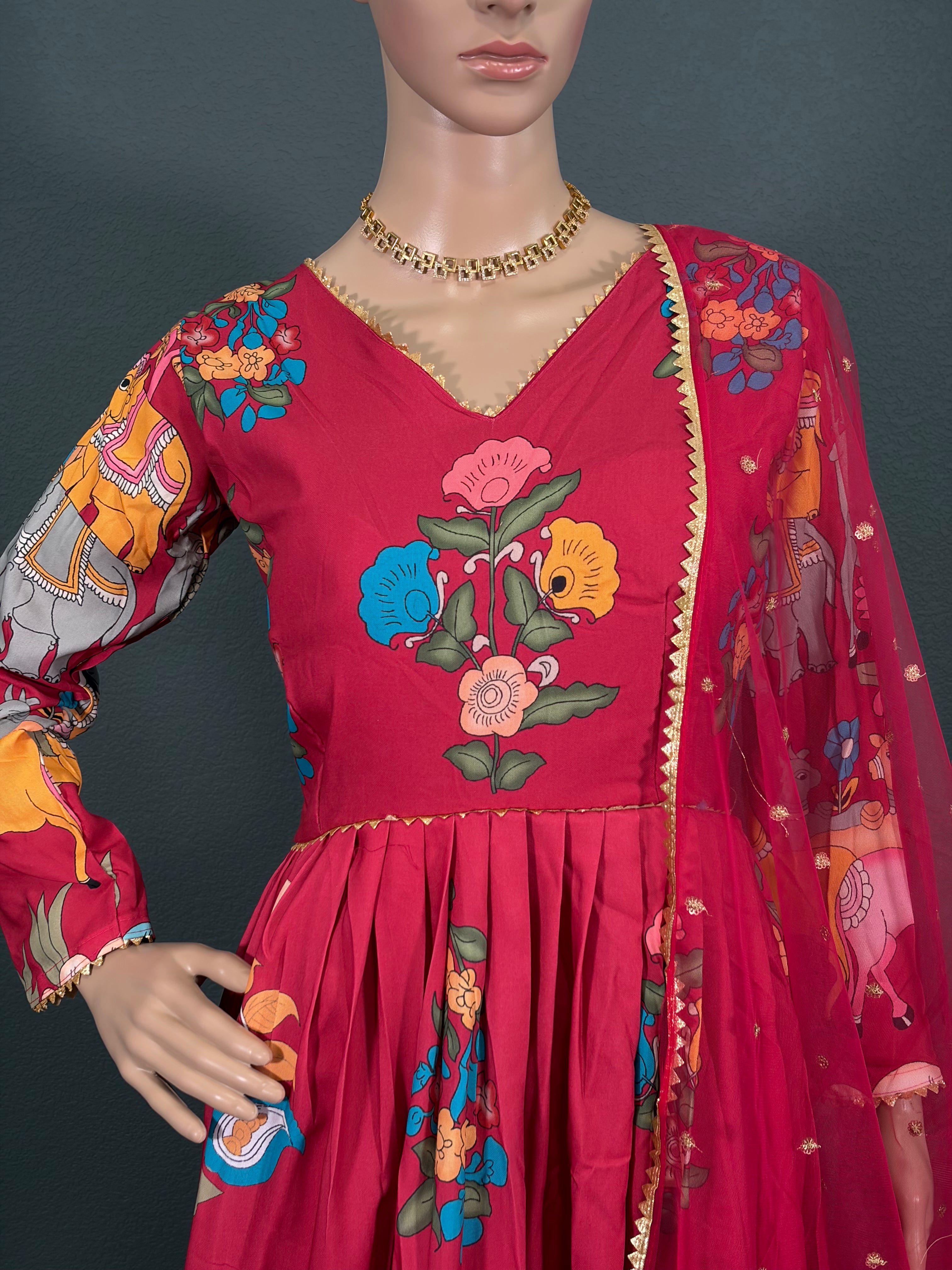 Red Kalamkari - KALAMKARI Anarkali gown for women (M up to L)
