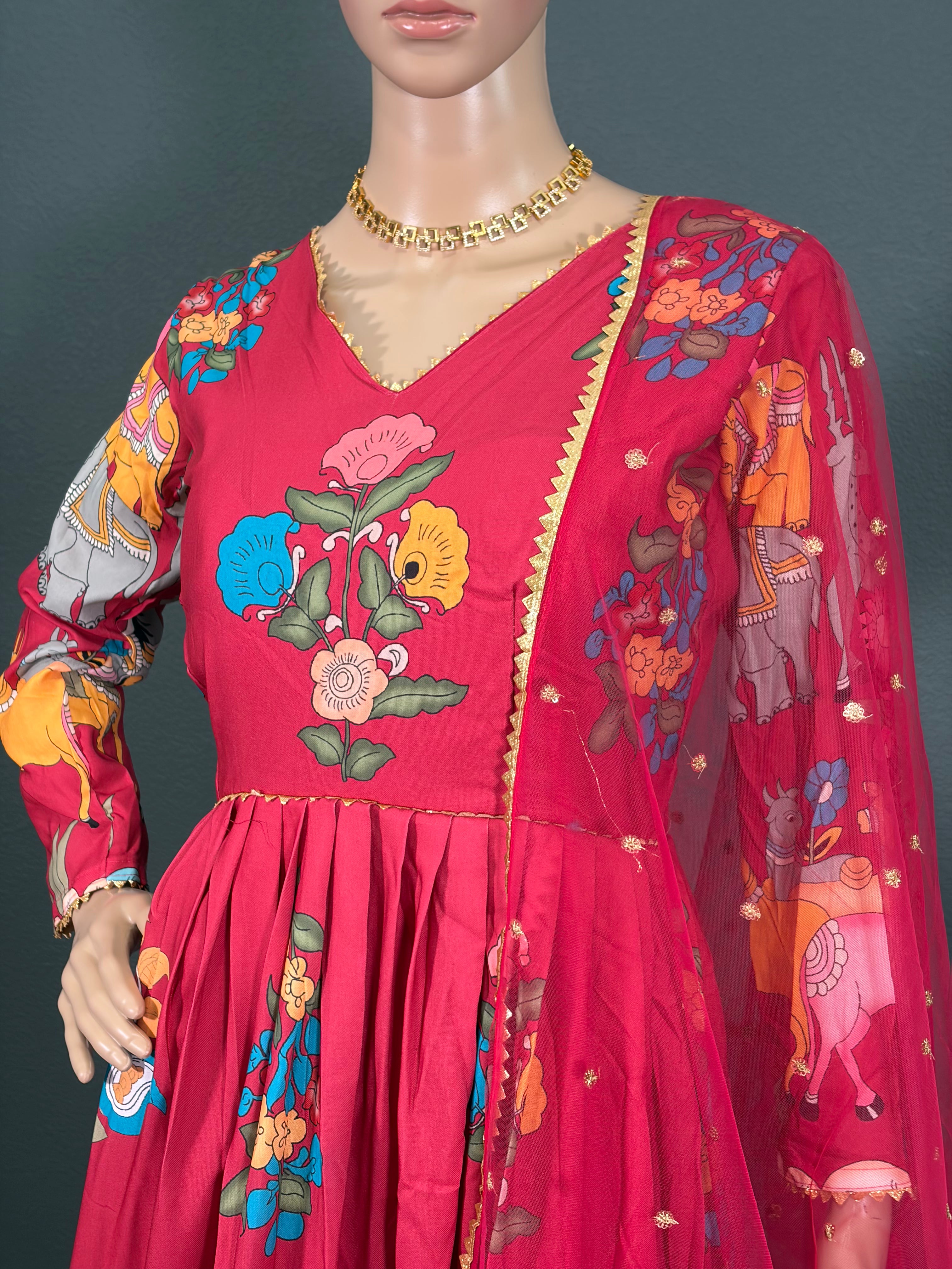 Red Kalamkari - KALAMKARI Anarkali gown for women (M up to L)