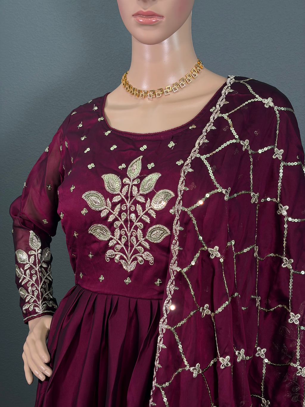 Ruby Rajkumari - Maroon Anarkali Gown with shawl for women (M up to L)