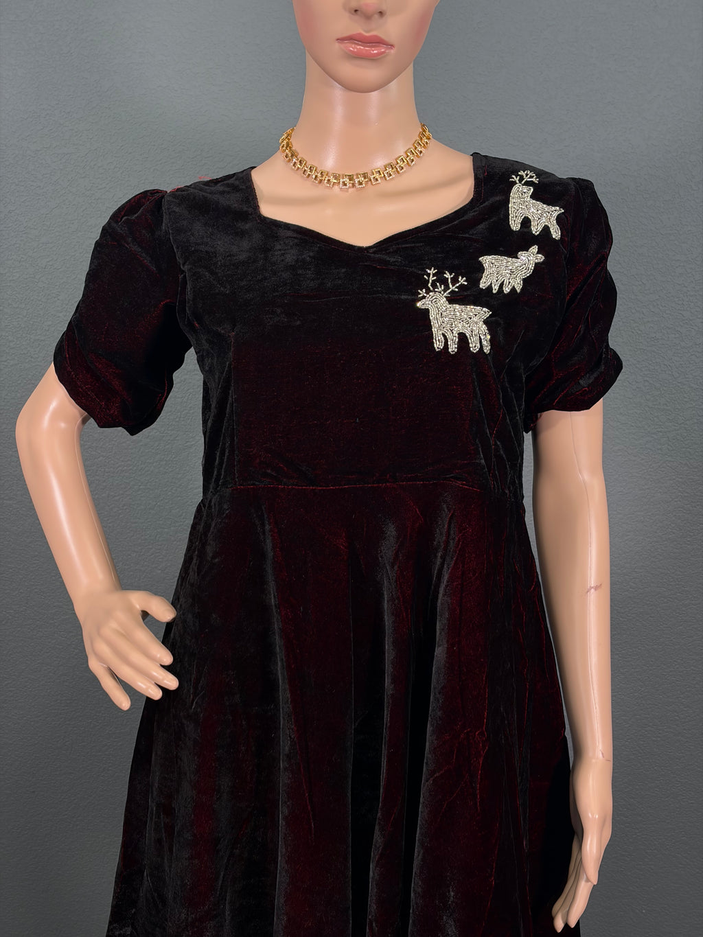 Velvet Reindeer - Maroon Velvet Maxi Dress for women,(M up to L)
