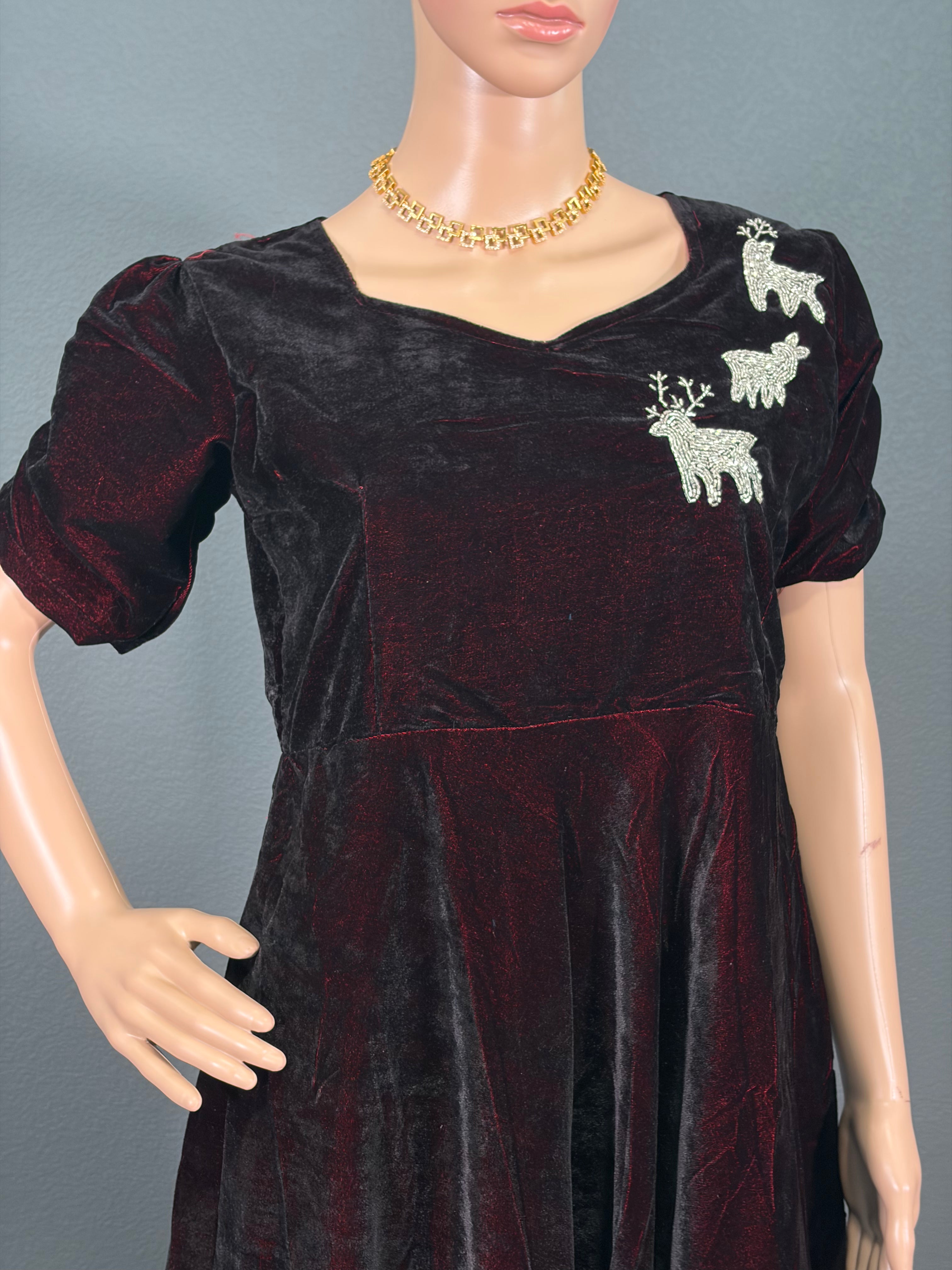 Velvet Reindeer - Maroon Velvet Maxi Dress for women,(M up to L)