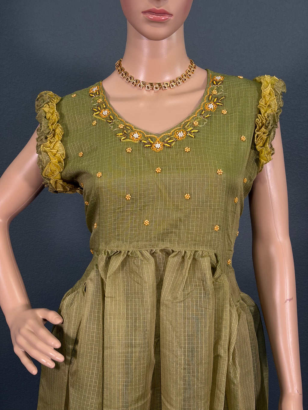 Green Parrot - Puff Sleeve Maxi Dress for women (M up to L)
