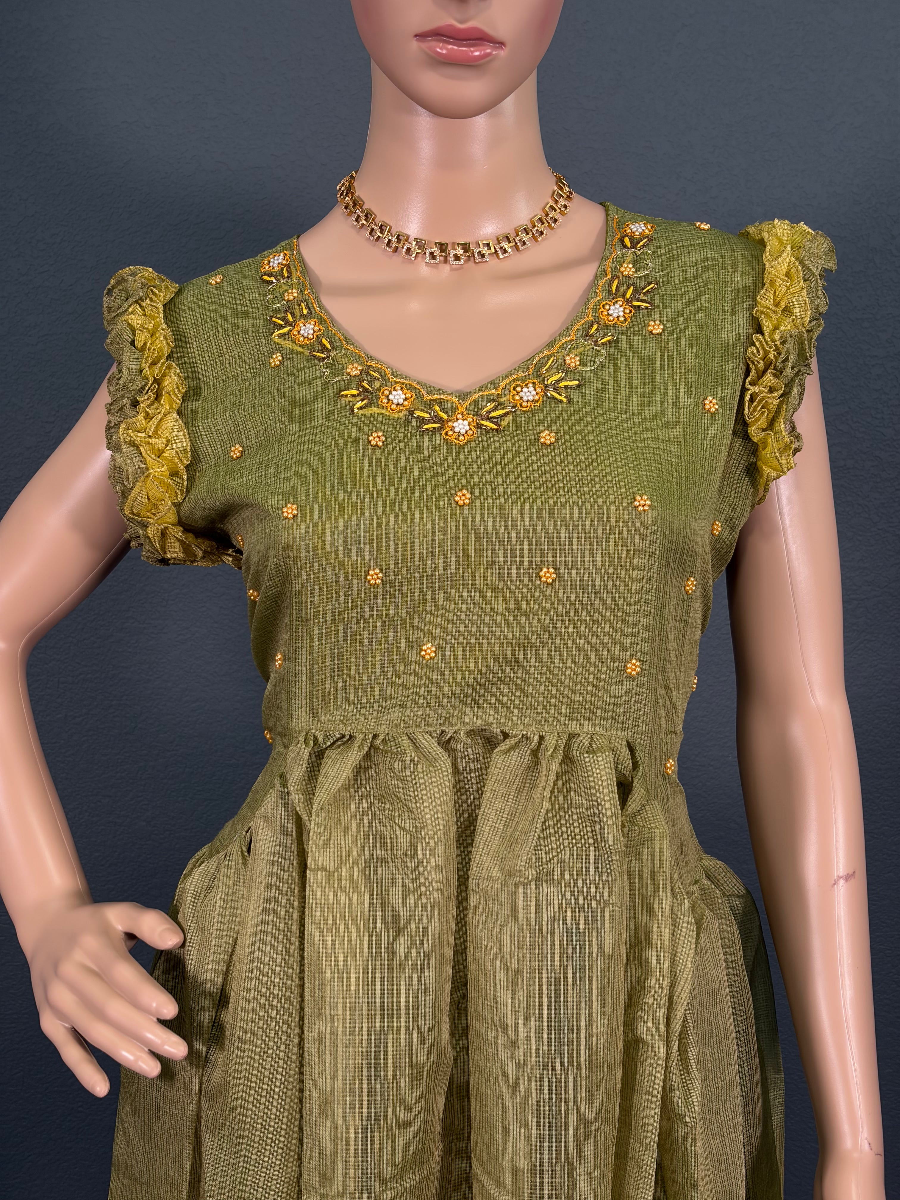 Green Parrot - Puff Sleeve Maxi Dress for women (M up to L)