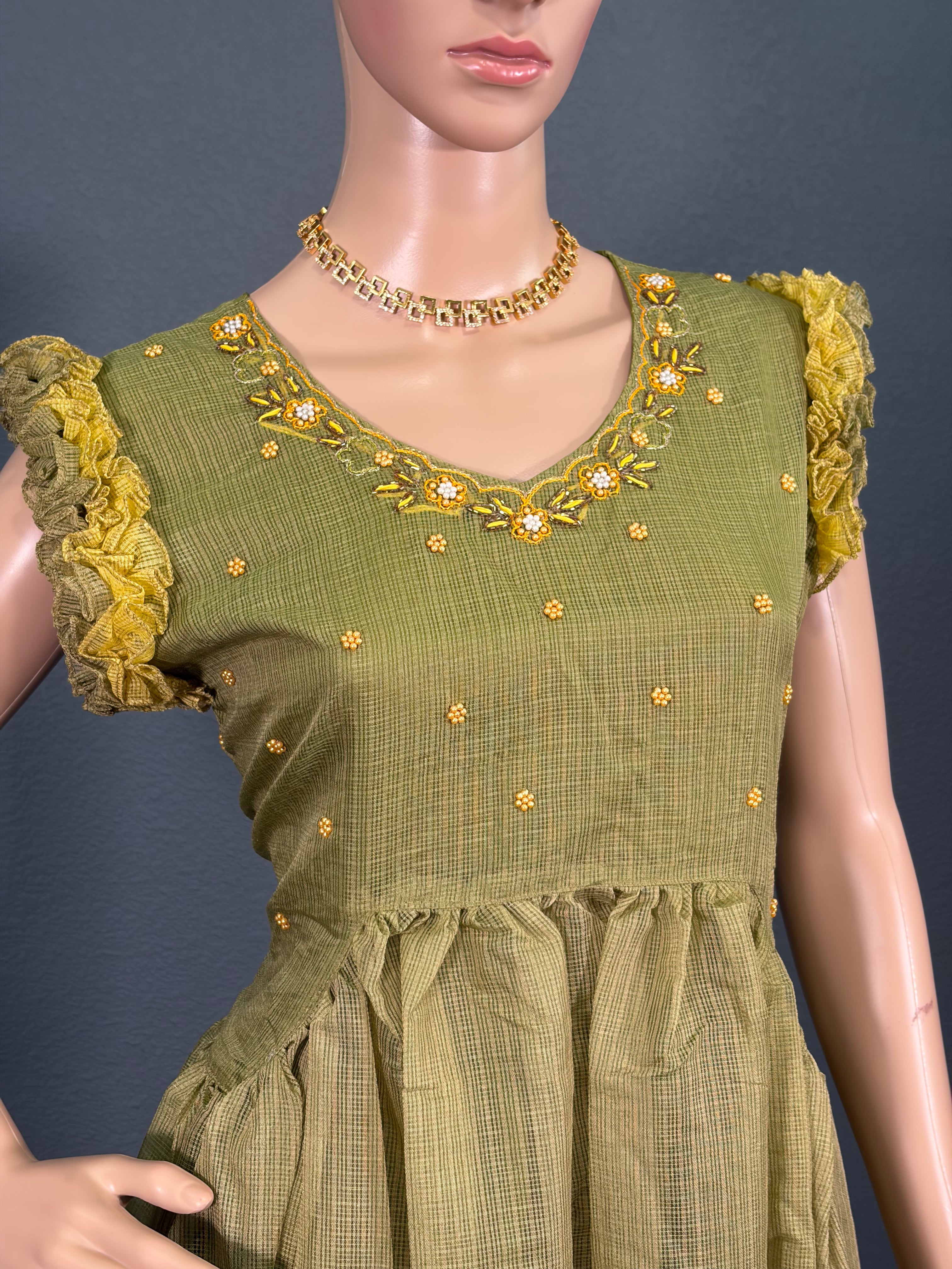 Green Parrot - Puff Sleeve Maxi Dress for women (M up to L)