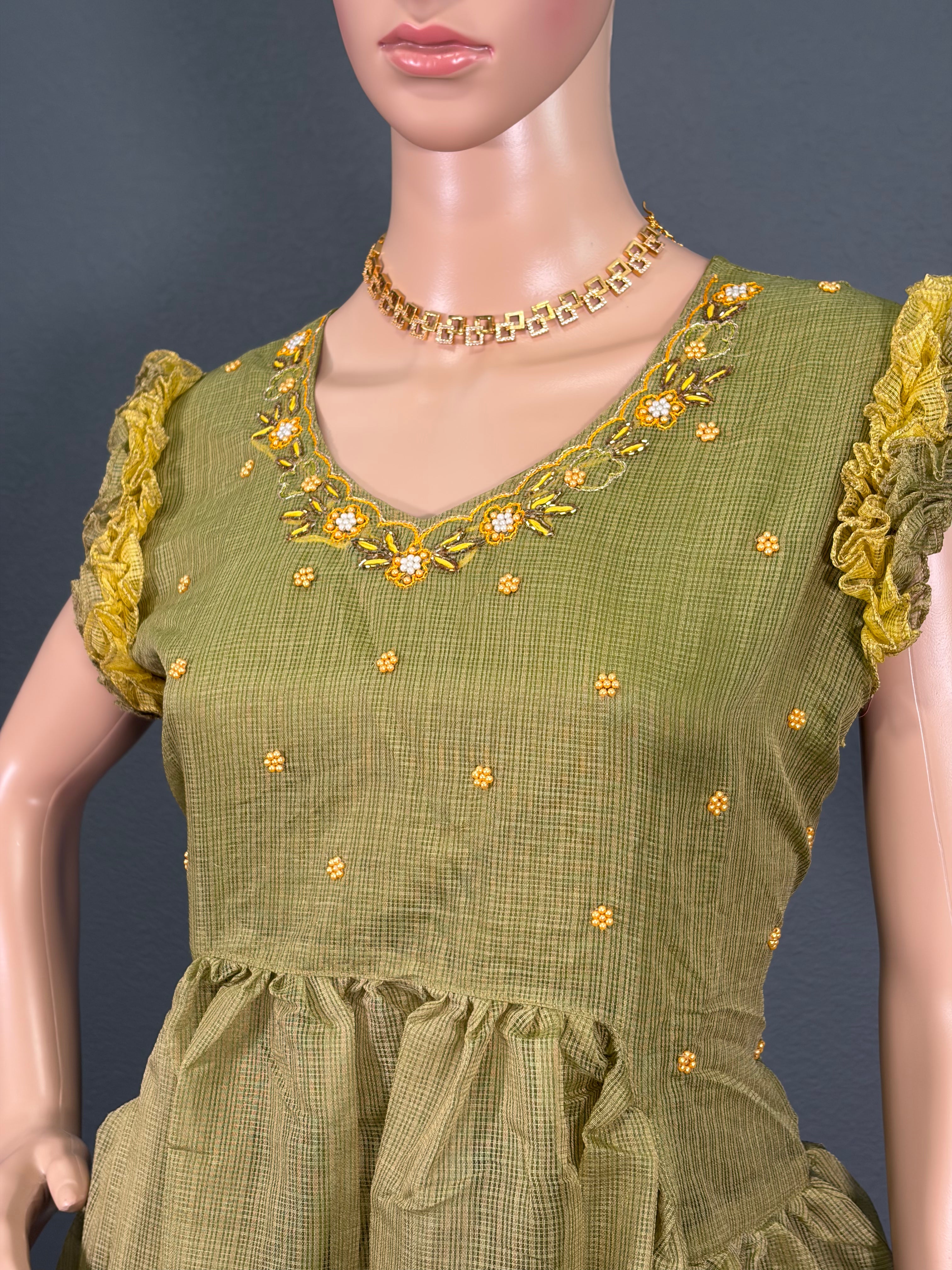 Green Parrot - Puff Sleeve Maxi Dress for women (M up to L)