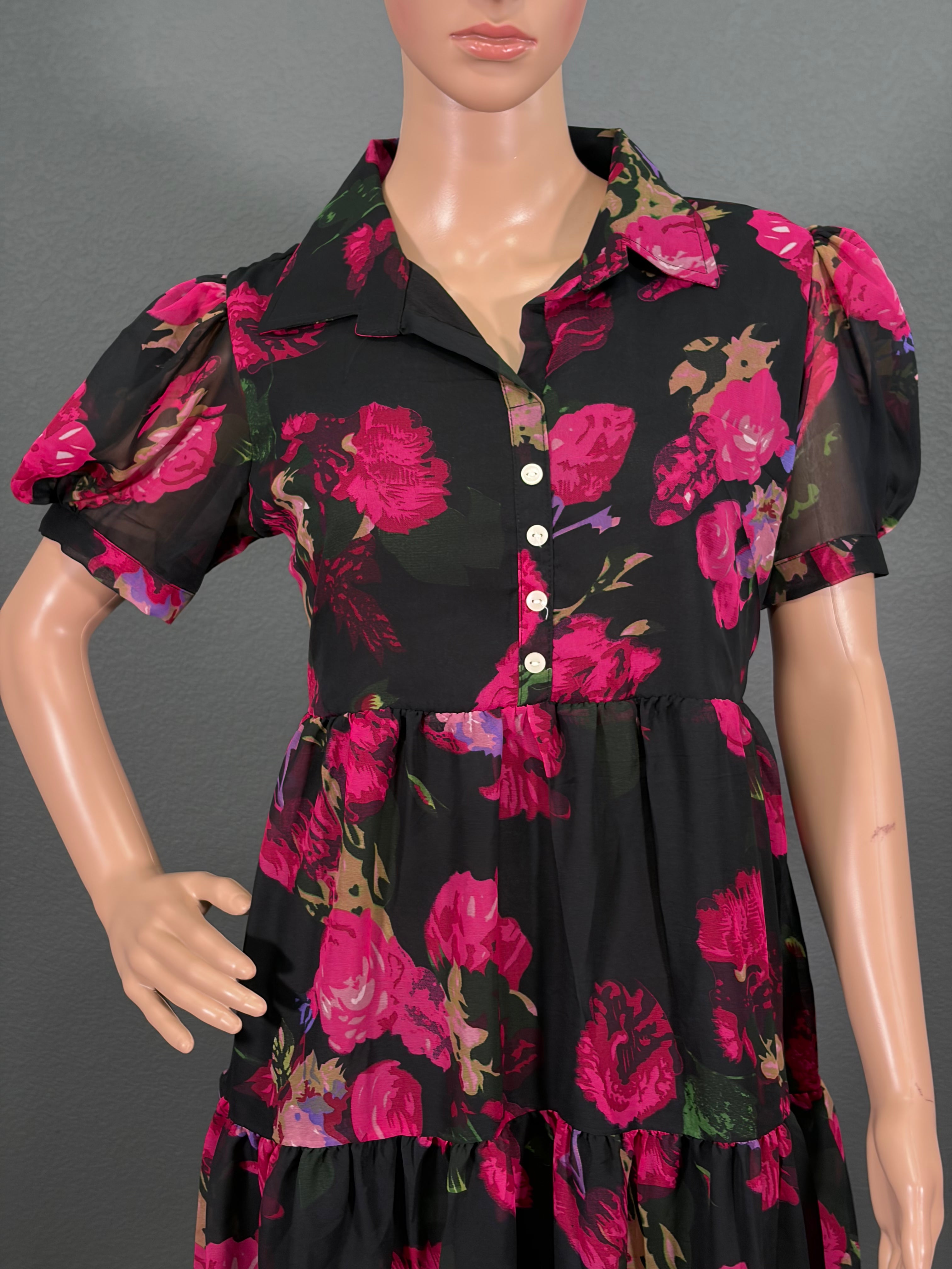 Pink Petal - Puff Sleeve Maxi Dress for women (L up to XL)