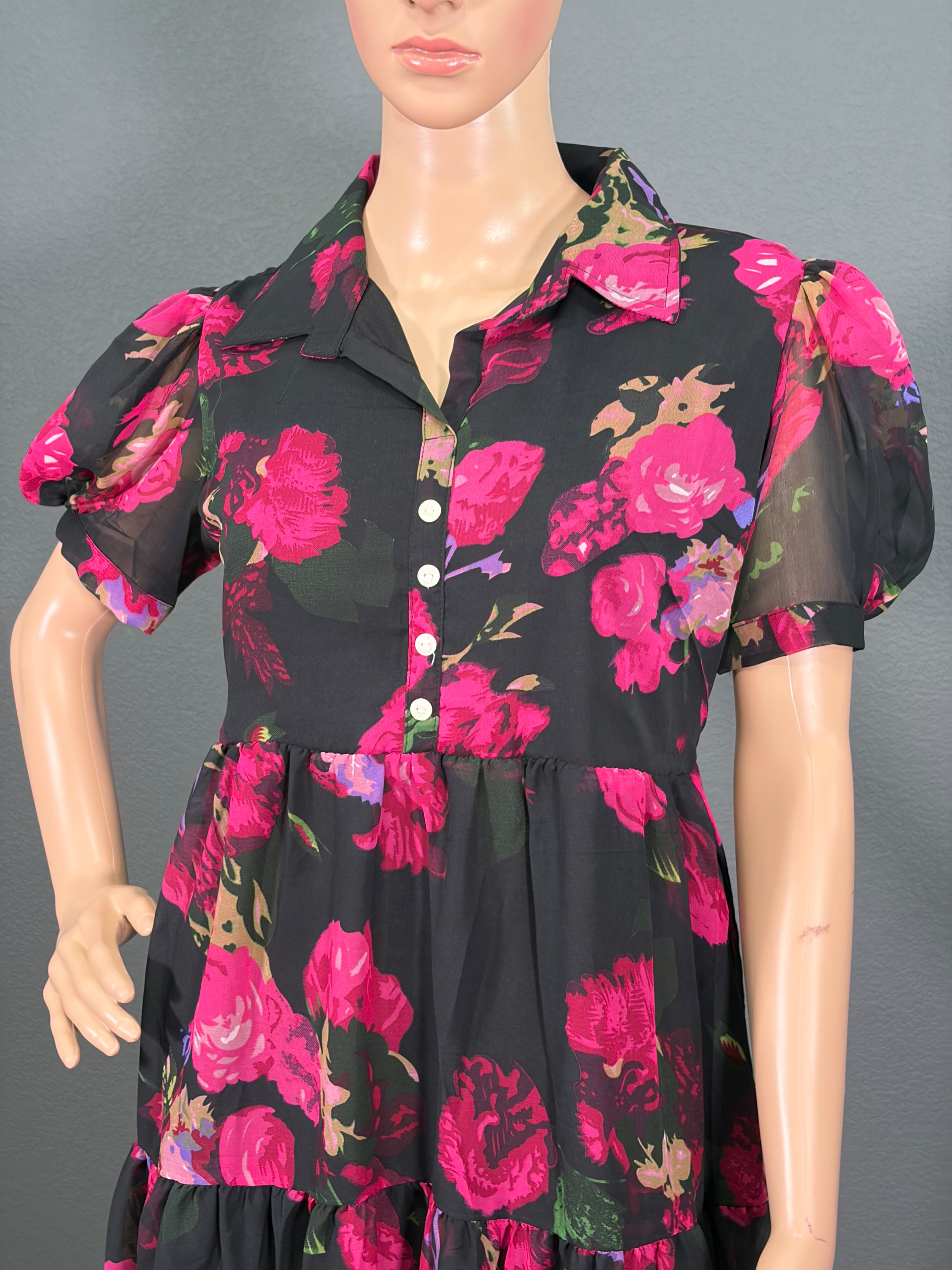 Pink Petal - Puff Sleeve Maxi Dress for women (L up to XL)