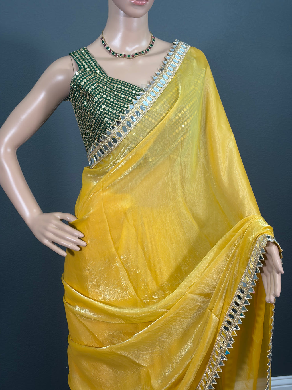 Manjal Mayil - Designer Tissue Silk Saree with Sleeveless Blouse (34" - 44")