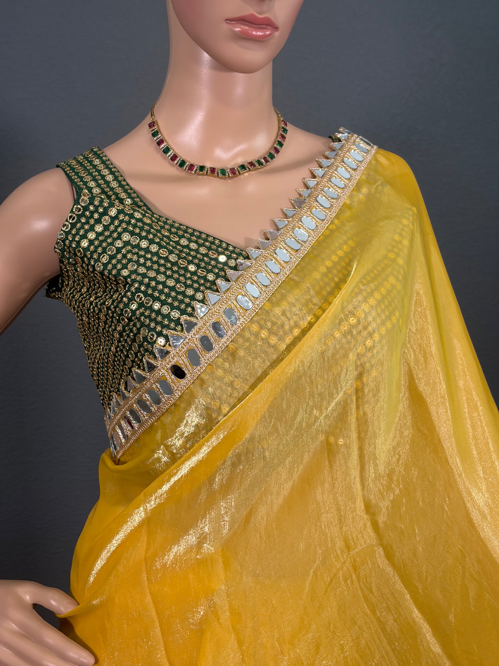 Manjal Mayil - Designer Tissue Silk Saree with Sleeveless Blouse (34" - 44")