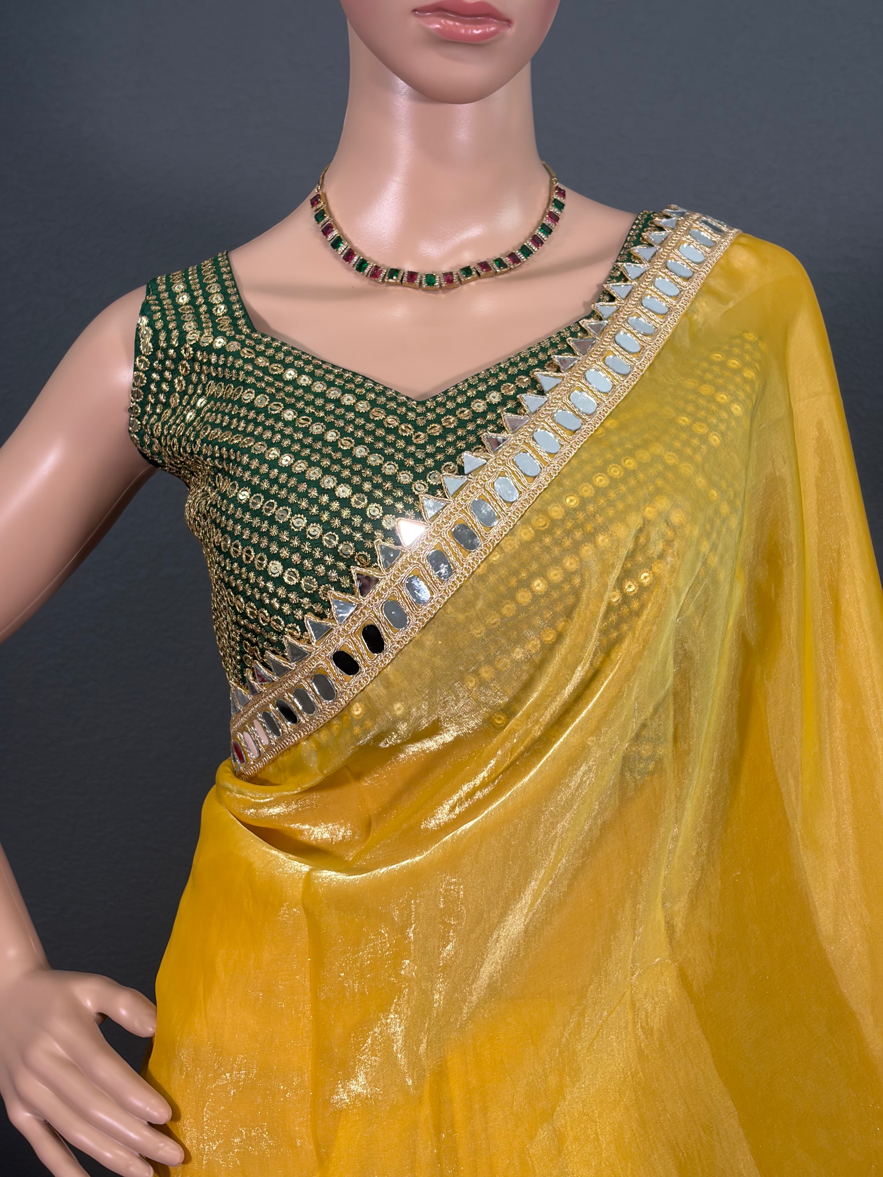 Manjal Mayil - Designer Tissue Silk Saree with Sleeveless Blouse (34" - 44")