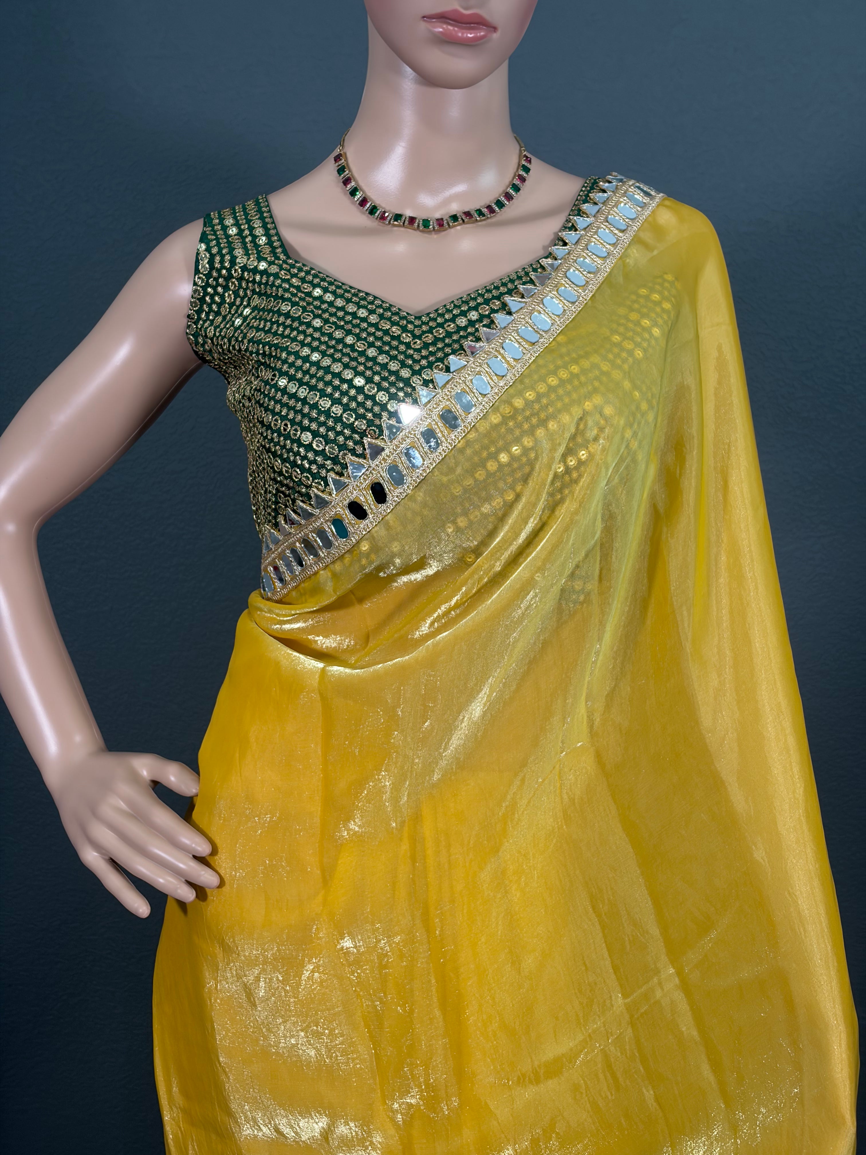 Manjal Mayil - Designer Tissue Silk Saree with Sleeveless Blouse (34" - 44")