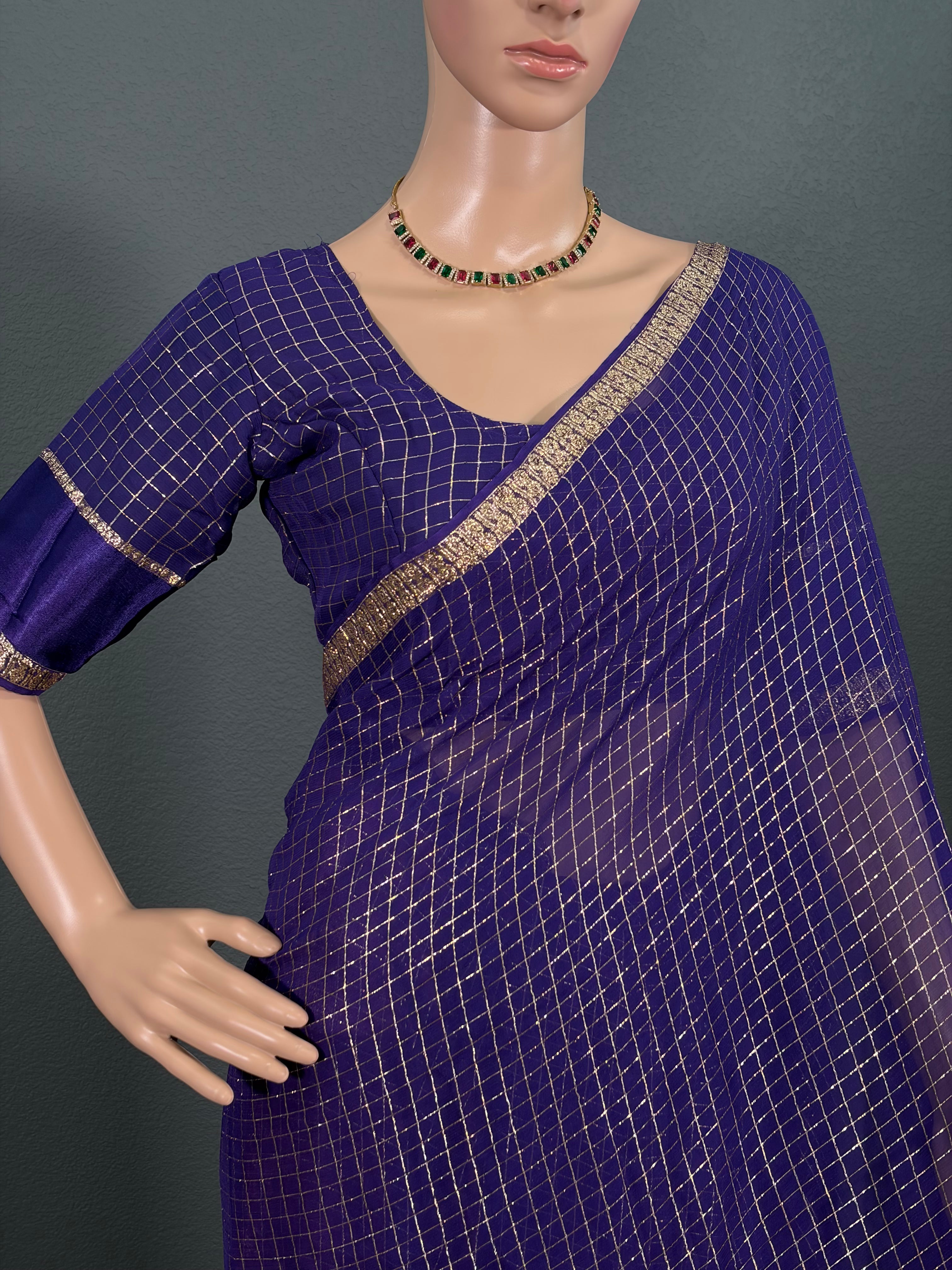 Indigo Queen - Blue Viscose Georgette Saree with Stitched Blouse (34" - 42")