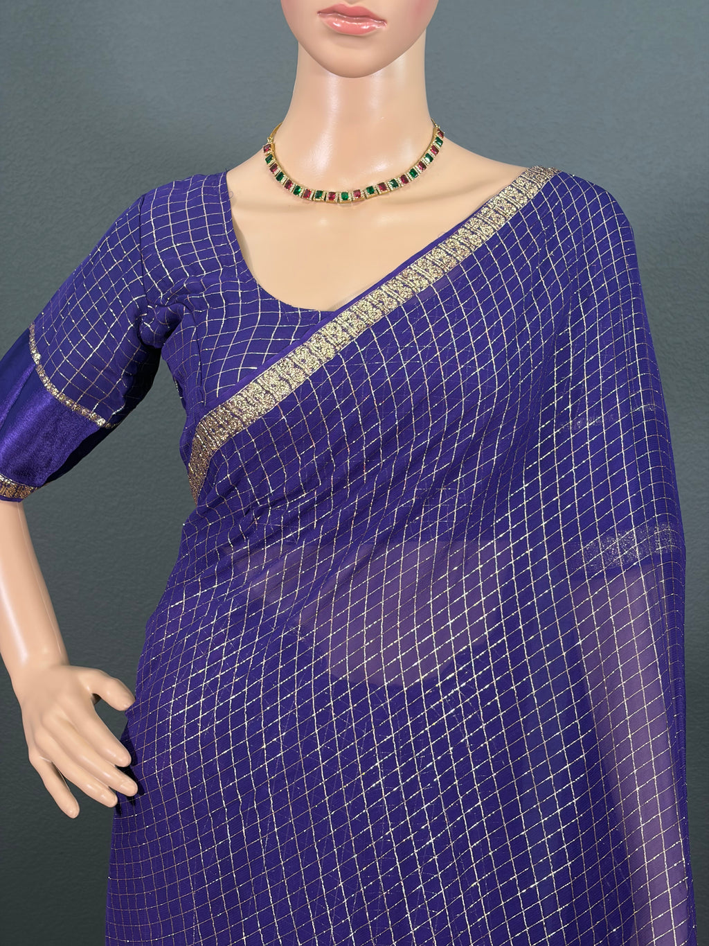 Indigo Queen - Blue Viscose Georgette Saree with Stitched Blouse (34" - 42")