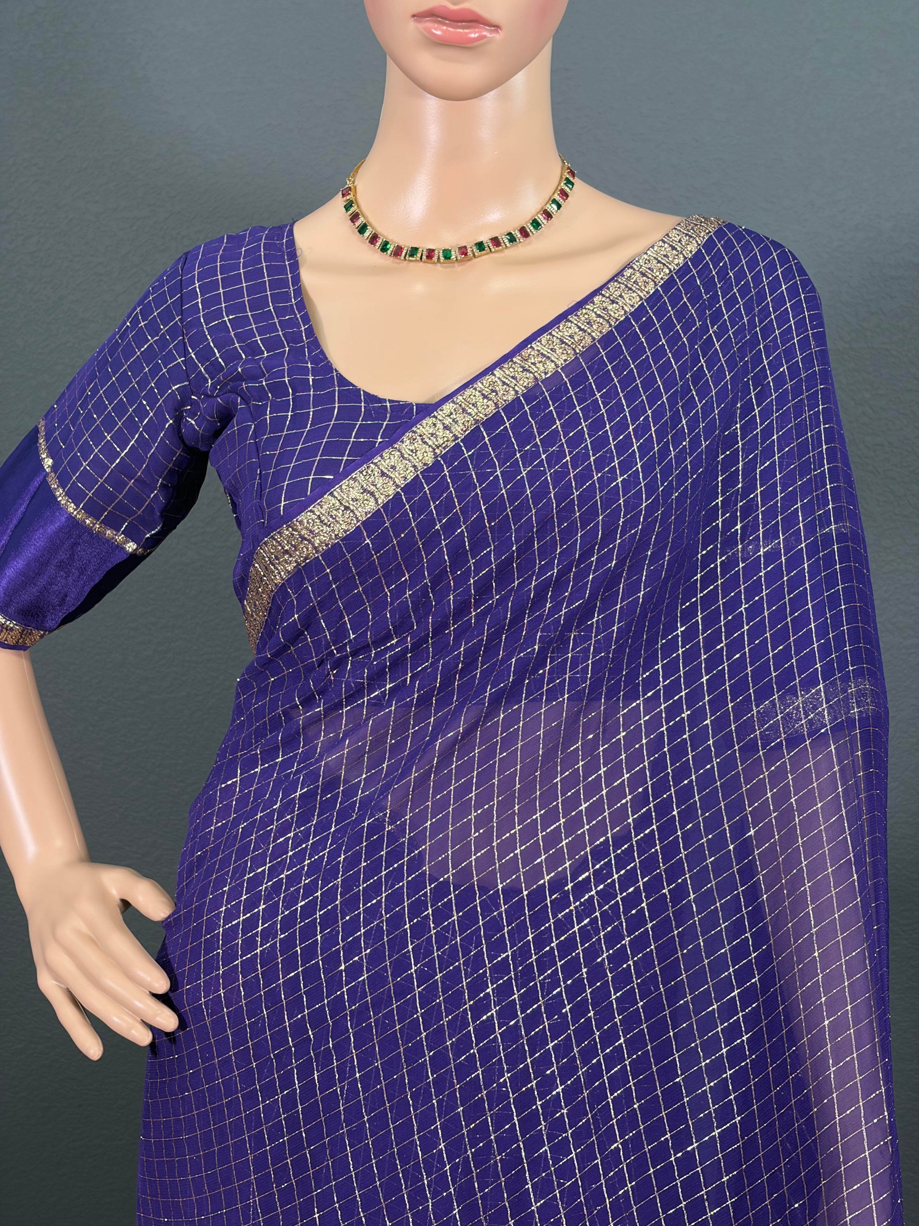 Indigo Queen - Blue Viscose Georgette Saree with Stitched Blouse (34" - 42")