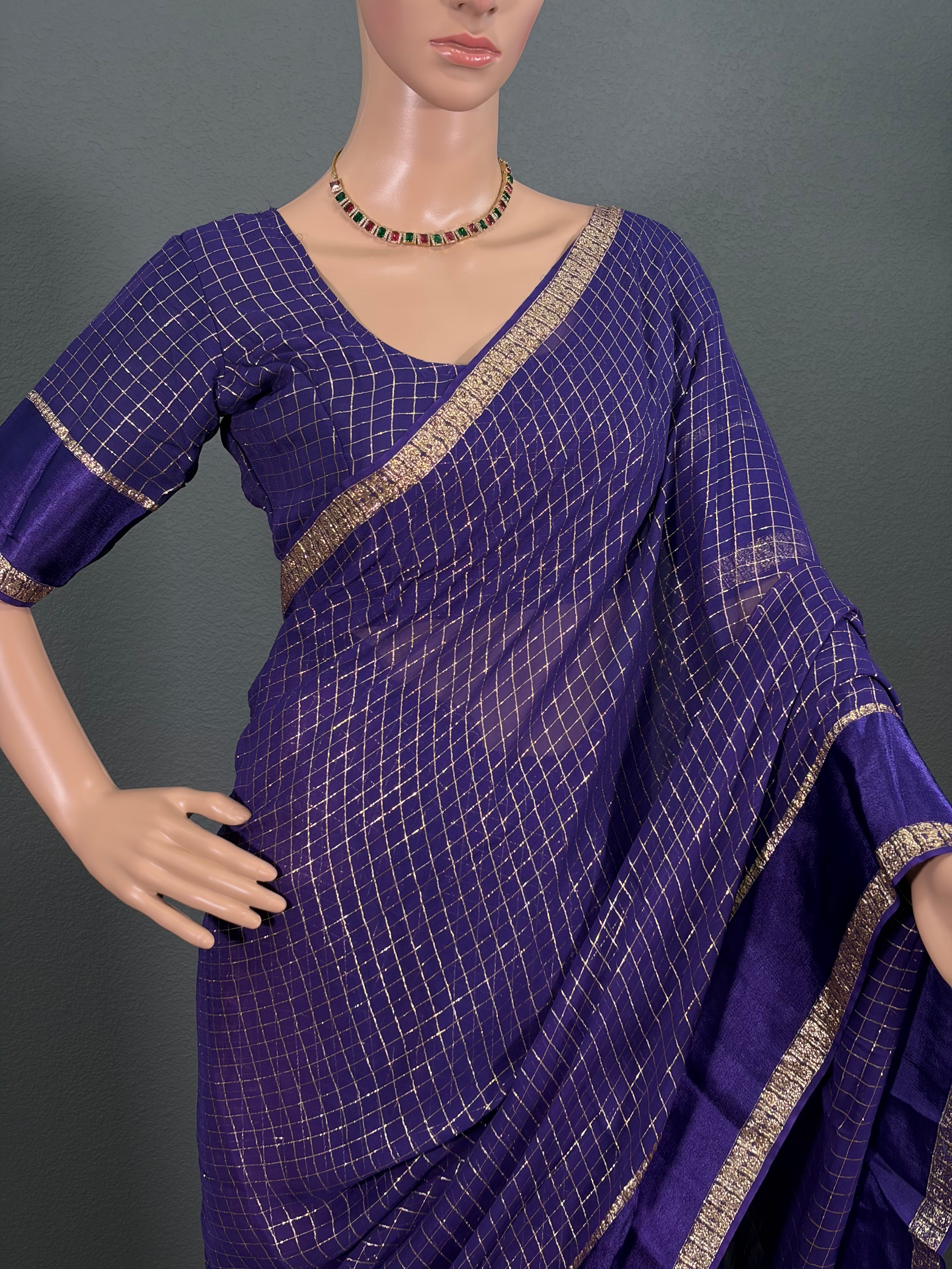 Indigo Queen - Blue Viscose Georgette Saree with Stitched Blouse (34" - 42")