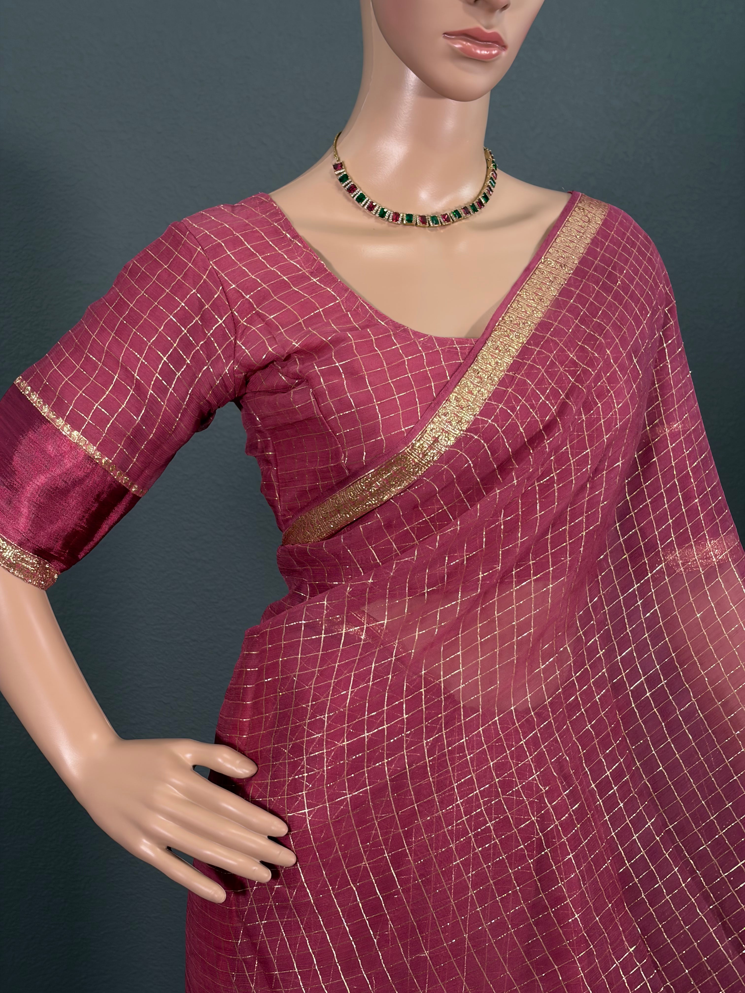 Rose Rani - Pink Viscose Georgette Saree with Stitched Blouse (34" - 42")