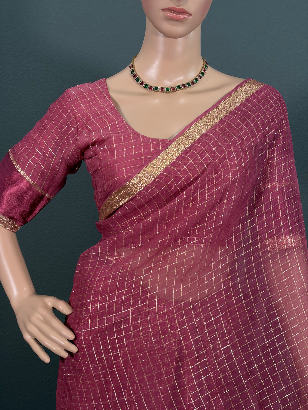 Rose Rani - Pink Viscose Georgette Saree with Stitched Blouse (34" - 42")
