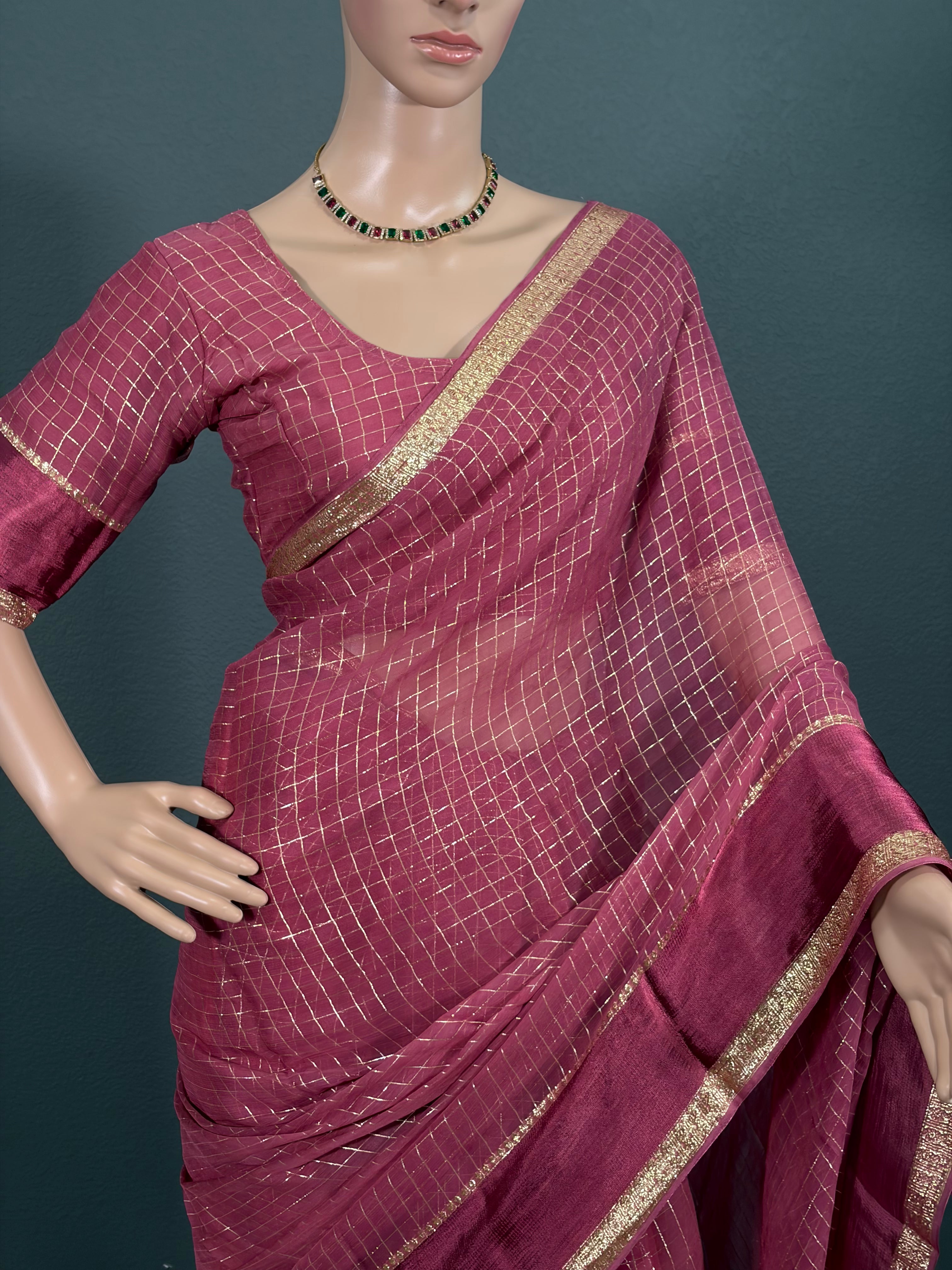 Rose Rani - Pink Viscose Georgette Saree with Stitched Blouse (34" - 42")