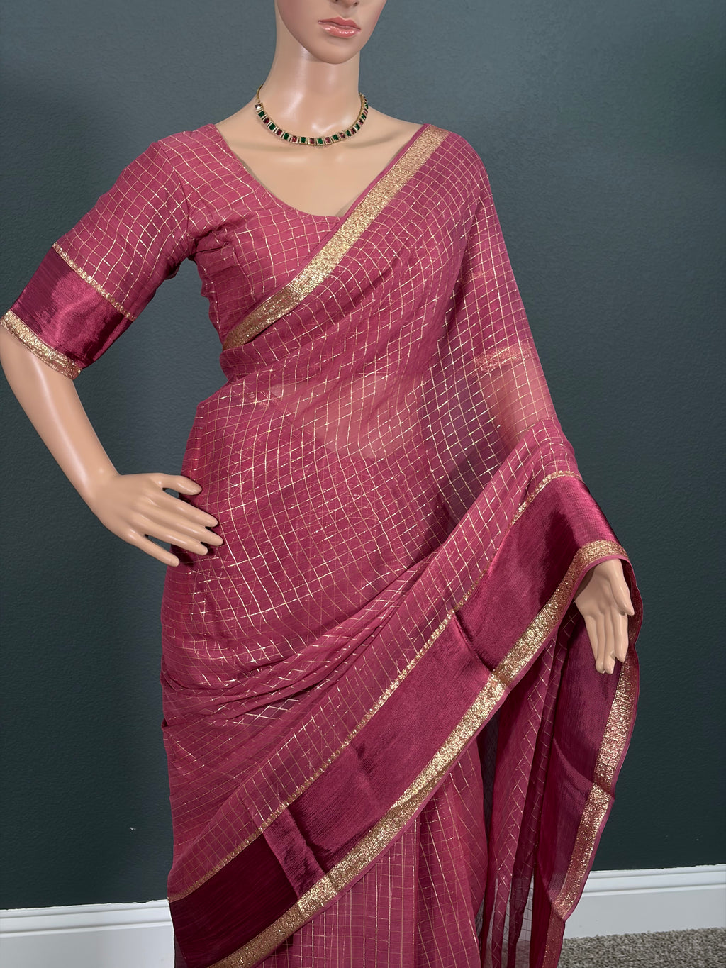 Rose Rani - Pink Viscose Georgette Saree with Stitched Blouse (34" - 42")