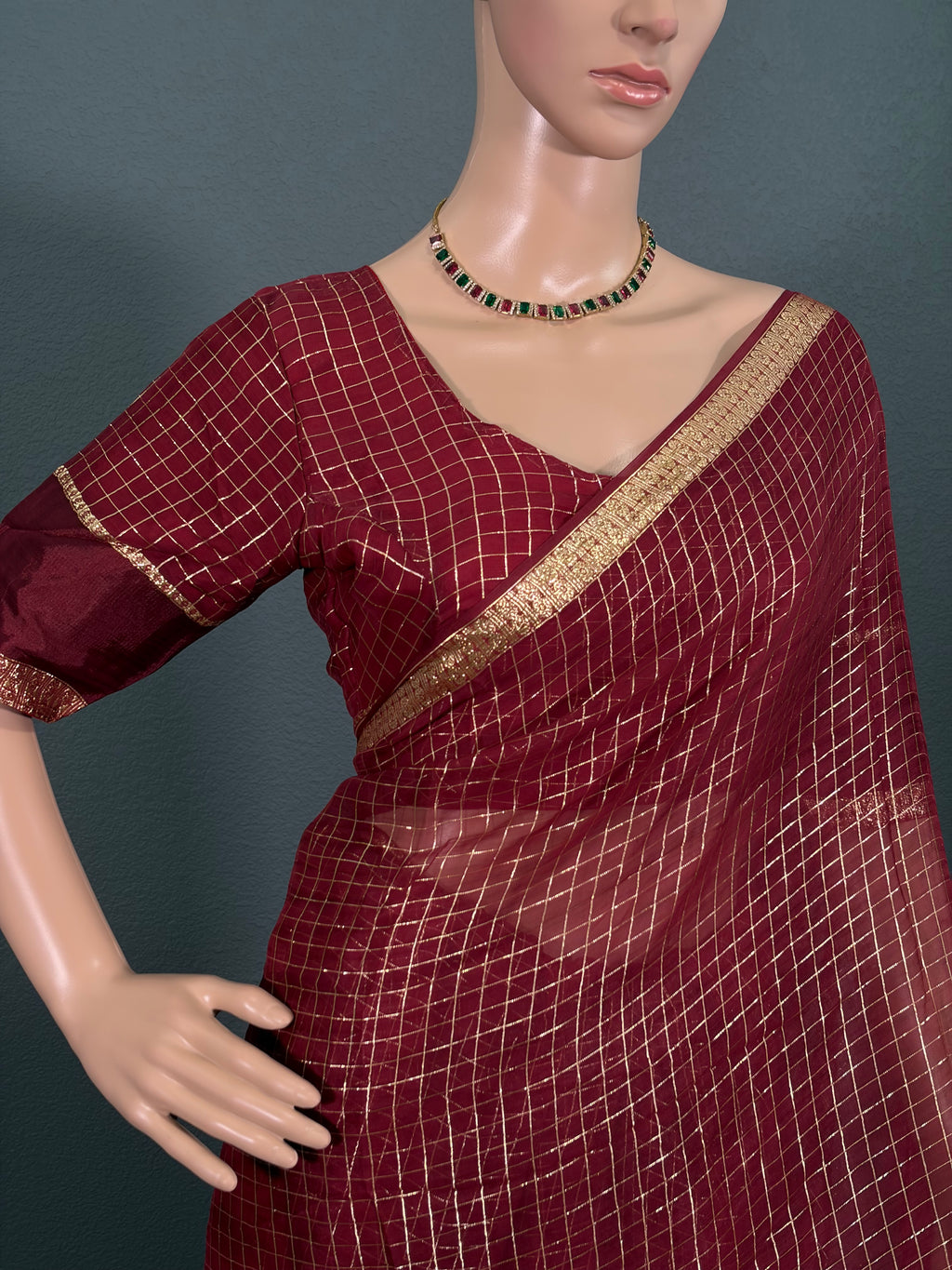 Royal Burgundy - Viscose Georgette Saree with stitched Blouse (34" - 42")