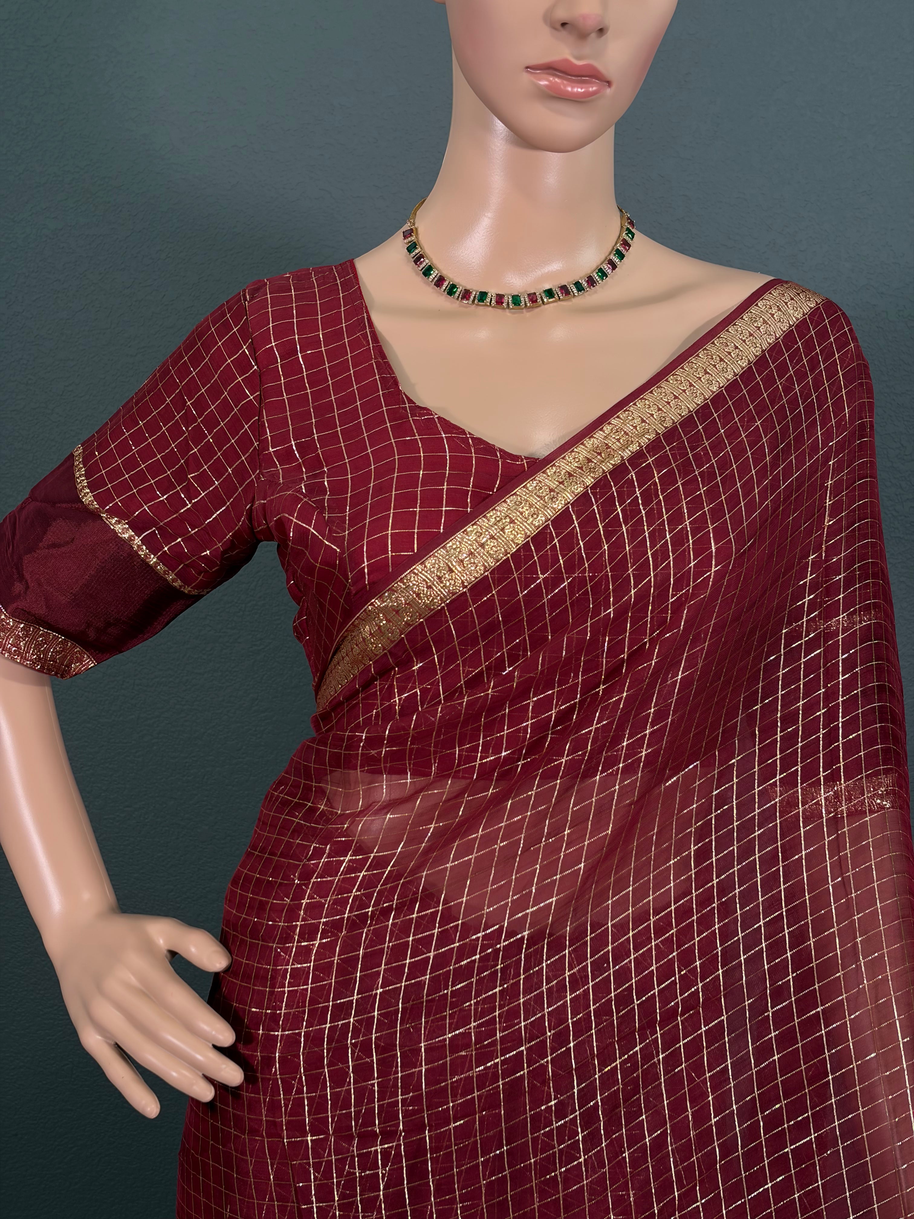 Royal Burgundy - Viscose Georgette Saree with stitched Blouse (34" - 42")
