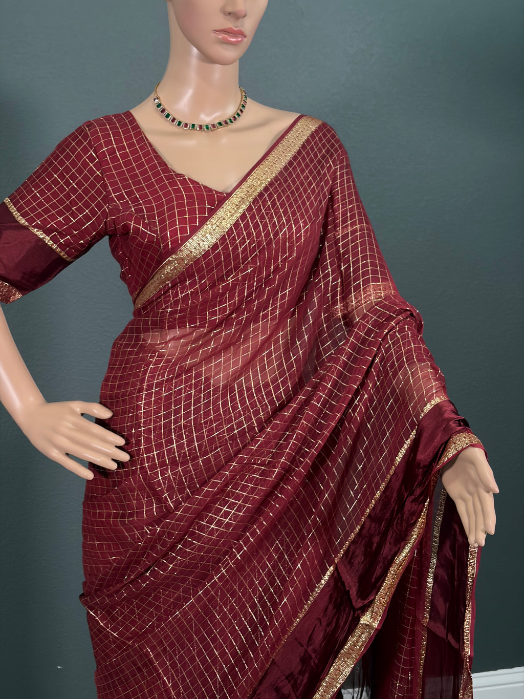 Royal Burgundy - Viscose Georgette Saree with stitched Blouse (34" - 42")