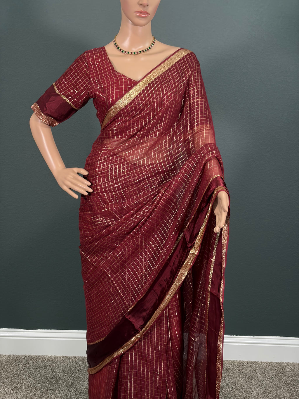 Royal Burgundy - Viscose Georgette Saree with stitched Blouse (34" - 42")