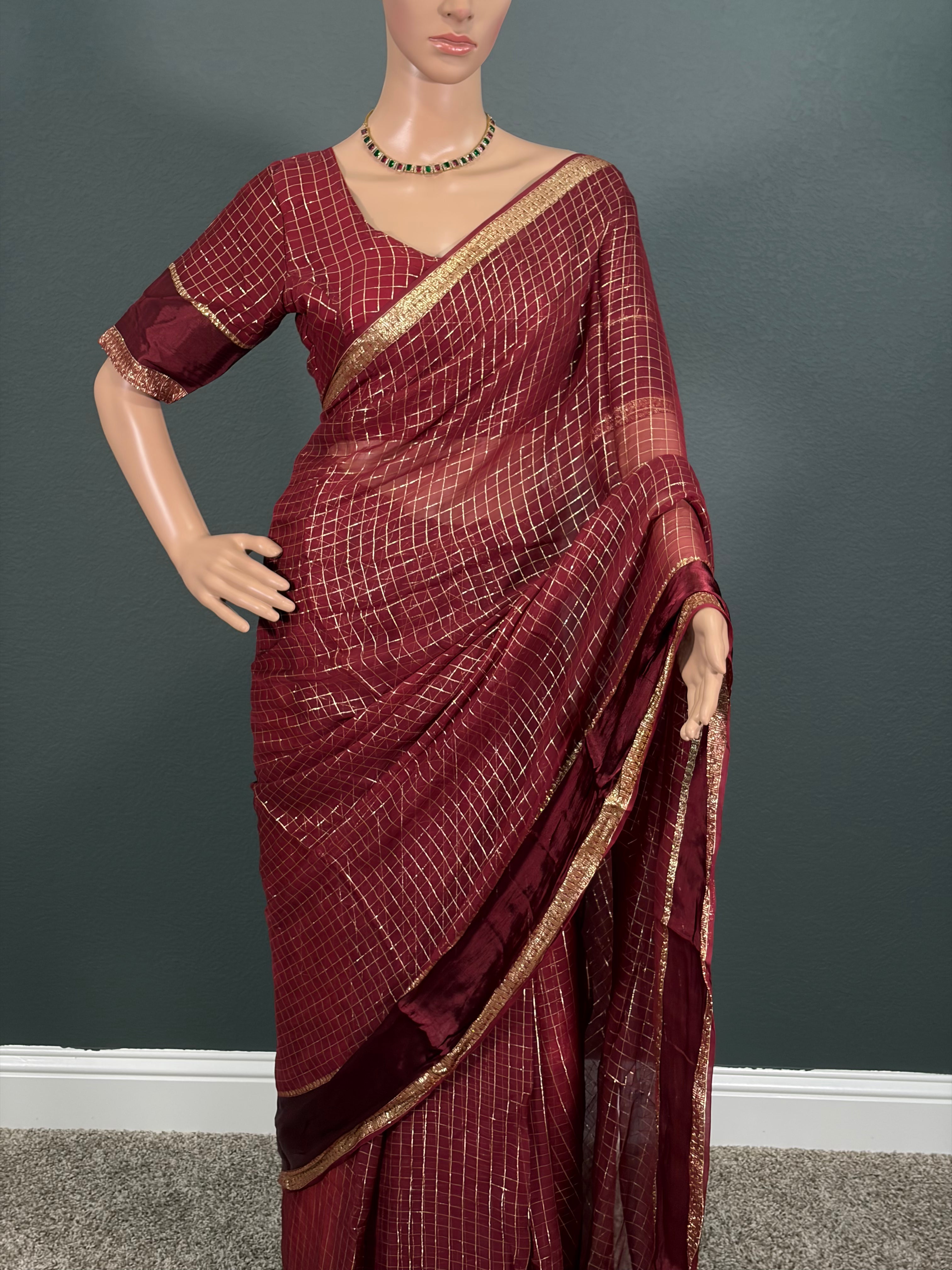 Royal Burgundy - Viscose Georgette Saree with stitched Blouse (34" - 42")