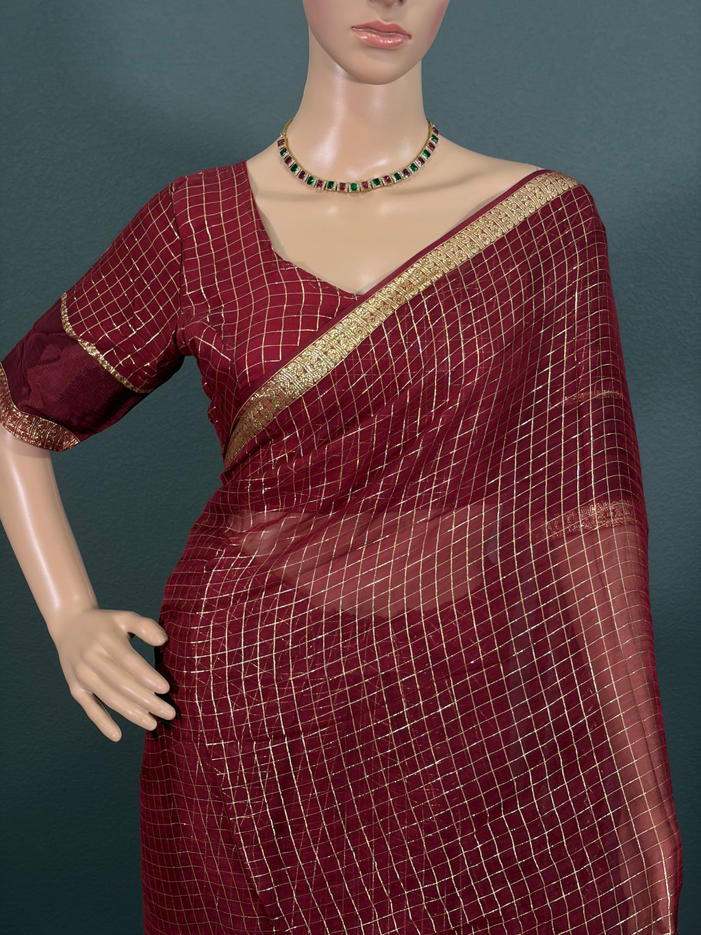 Royal Burgundy - Viscose Georgette Saree with stitched Blouse (34" - 42")